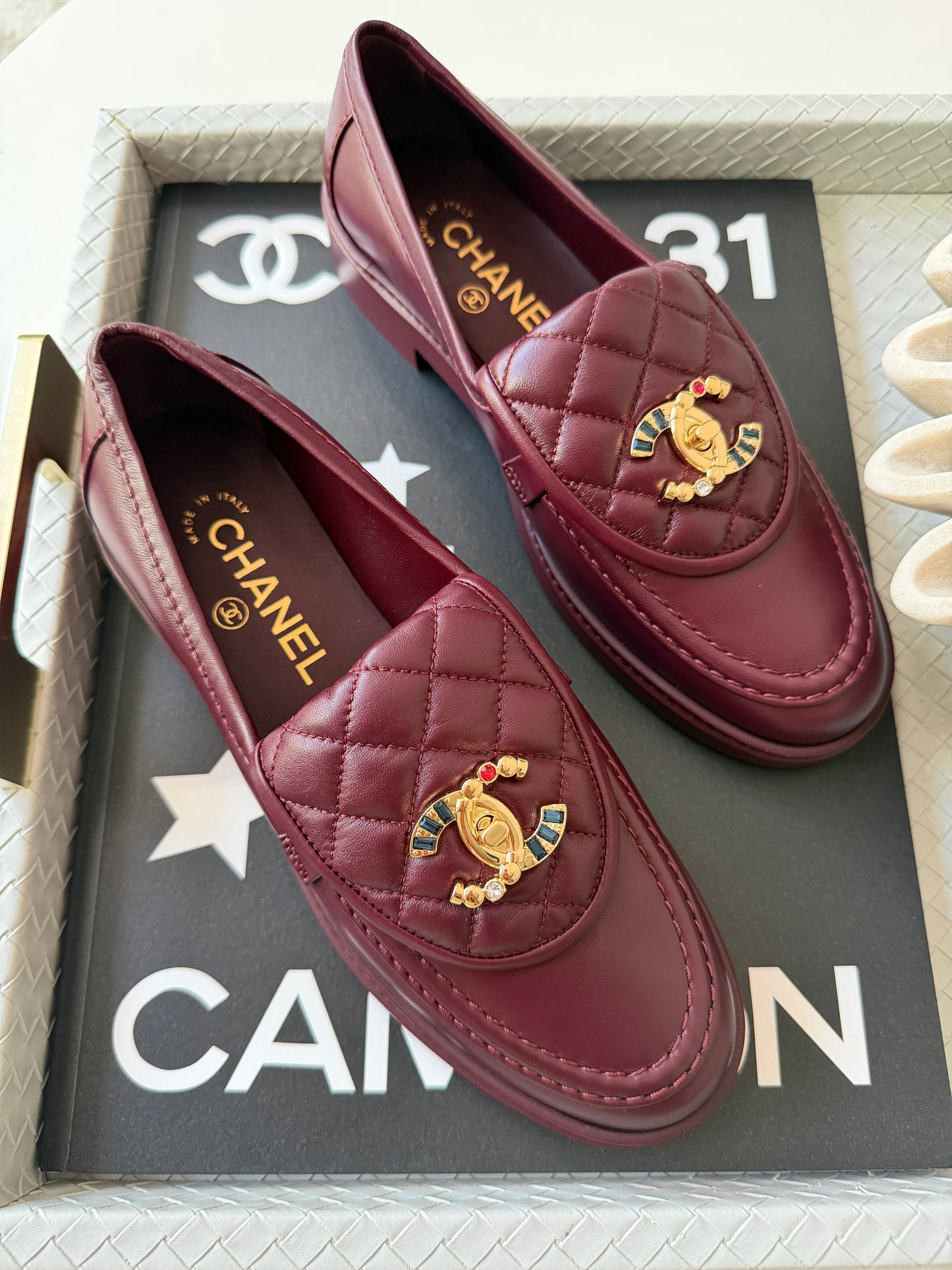 CHANEL BURGUNDY LEATHER LOAFERS OXFORD SHOES GOLD STRASS GEMS CC TURNLOCK MOCCASINS