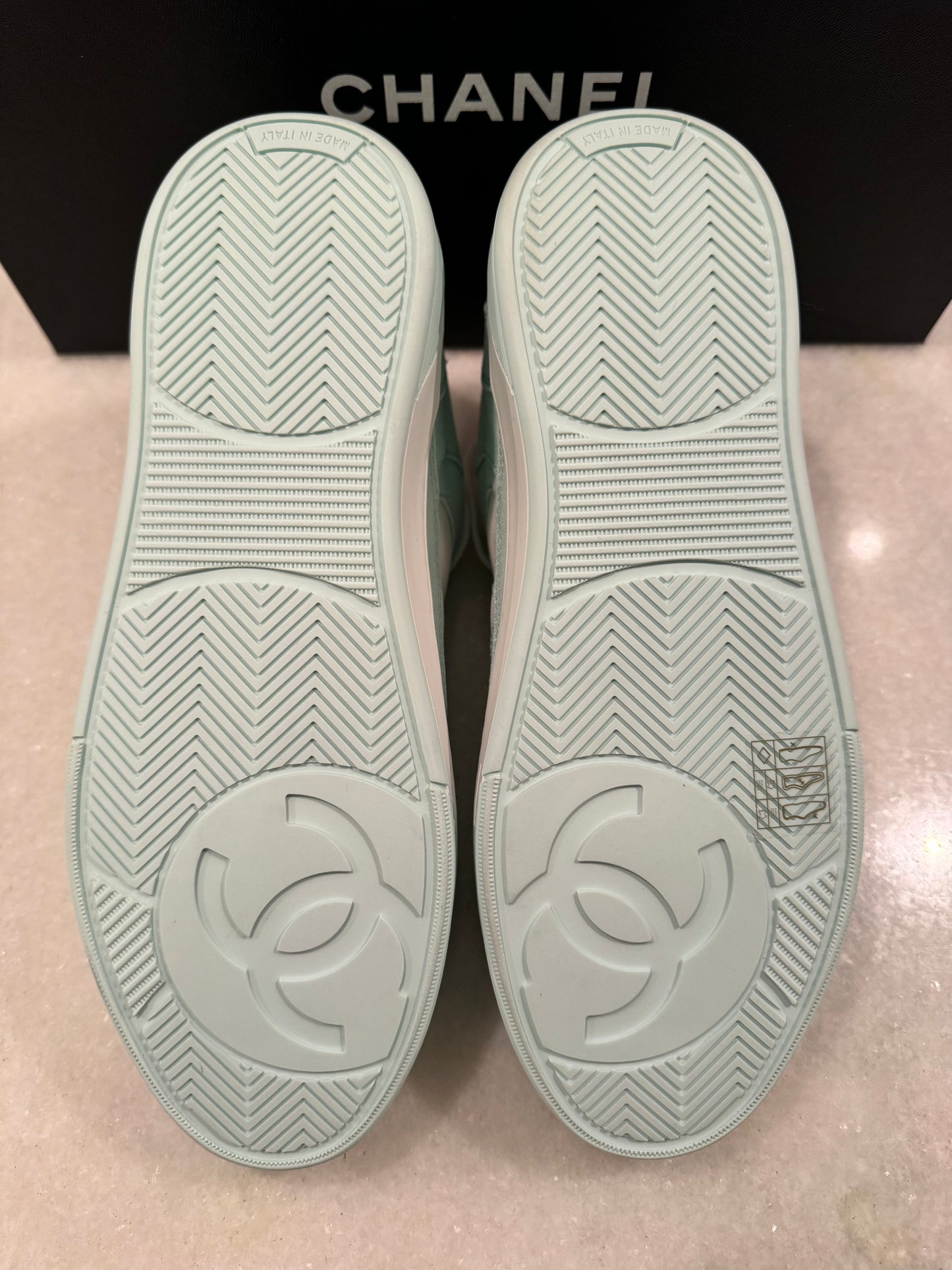 Chanel 24C Cruise 2024 Light Turquoise White Cotton CC Logo Trainers Sneakers