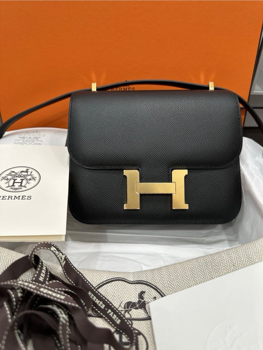 Hermes Constance 18 Mini Black Noir Epsom Leather Gold Hardware GHW Flap Shoulder Cross Body Bag Purse