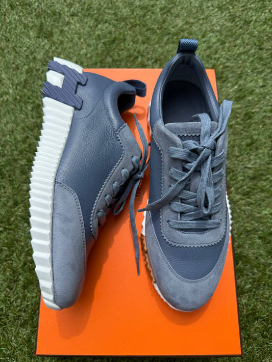 HERMES BOUNCING BLUE MER LEATHER SUEDE WHITE SOLE TRAINERS FASHION SNEAKERS