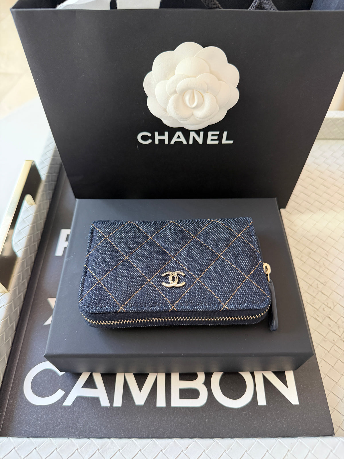 Chanel 26P Classic Zipped Zip Coin Purse Denim Dark Blue Orange Jean Wallet NWT