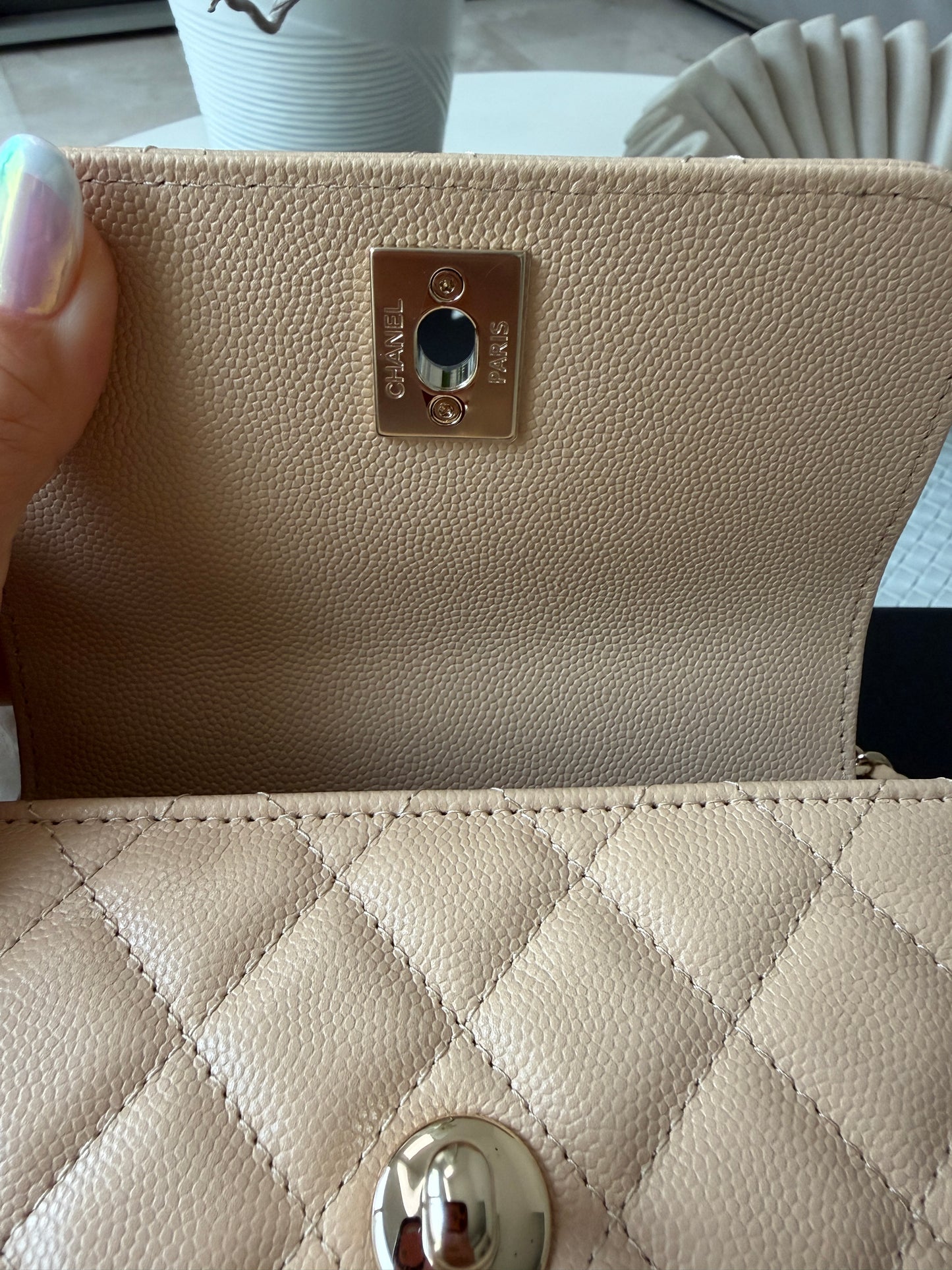 Chanel 24K AP4244 Micro Coco Handle Extra Mini Classic Flap Bag Beige Caviar Clutch with Chain Gold HW
