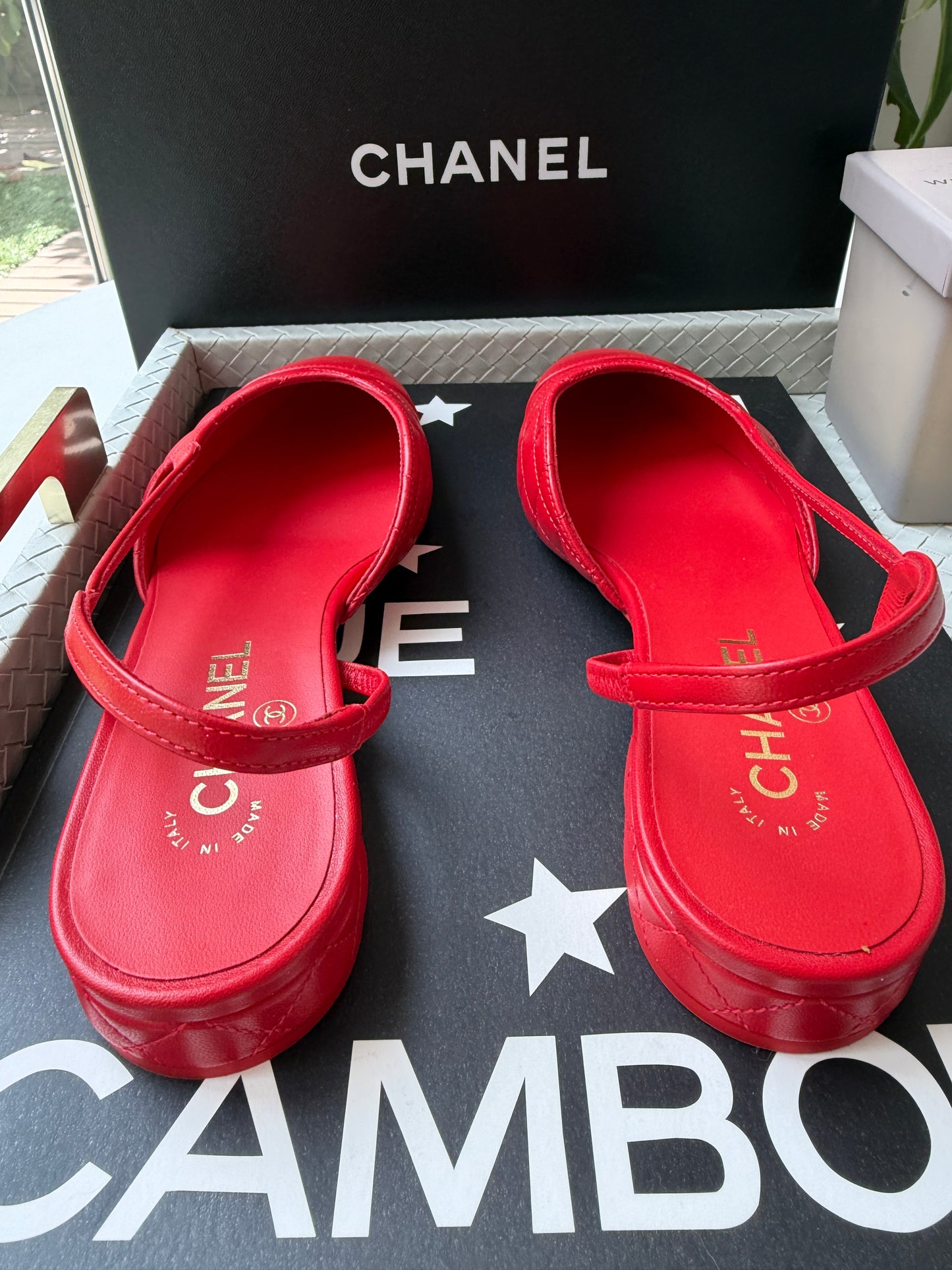 Chanel 26B Red Agneau Rouge Quilted Lambskin Leather Slingback Sling CC Flats