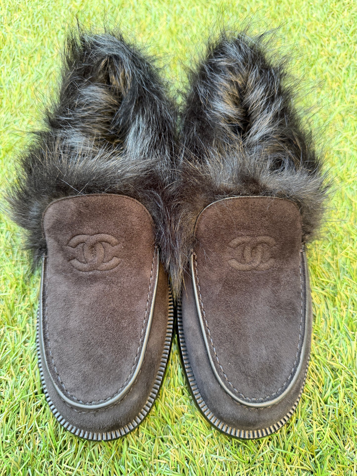 CHANEL COCO NEIGE 25/26 BLACK SUEDE LEATHER FUR SHEARLING LOAFERS MOCCASSINS