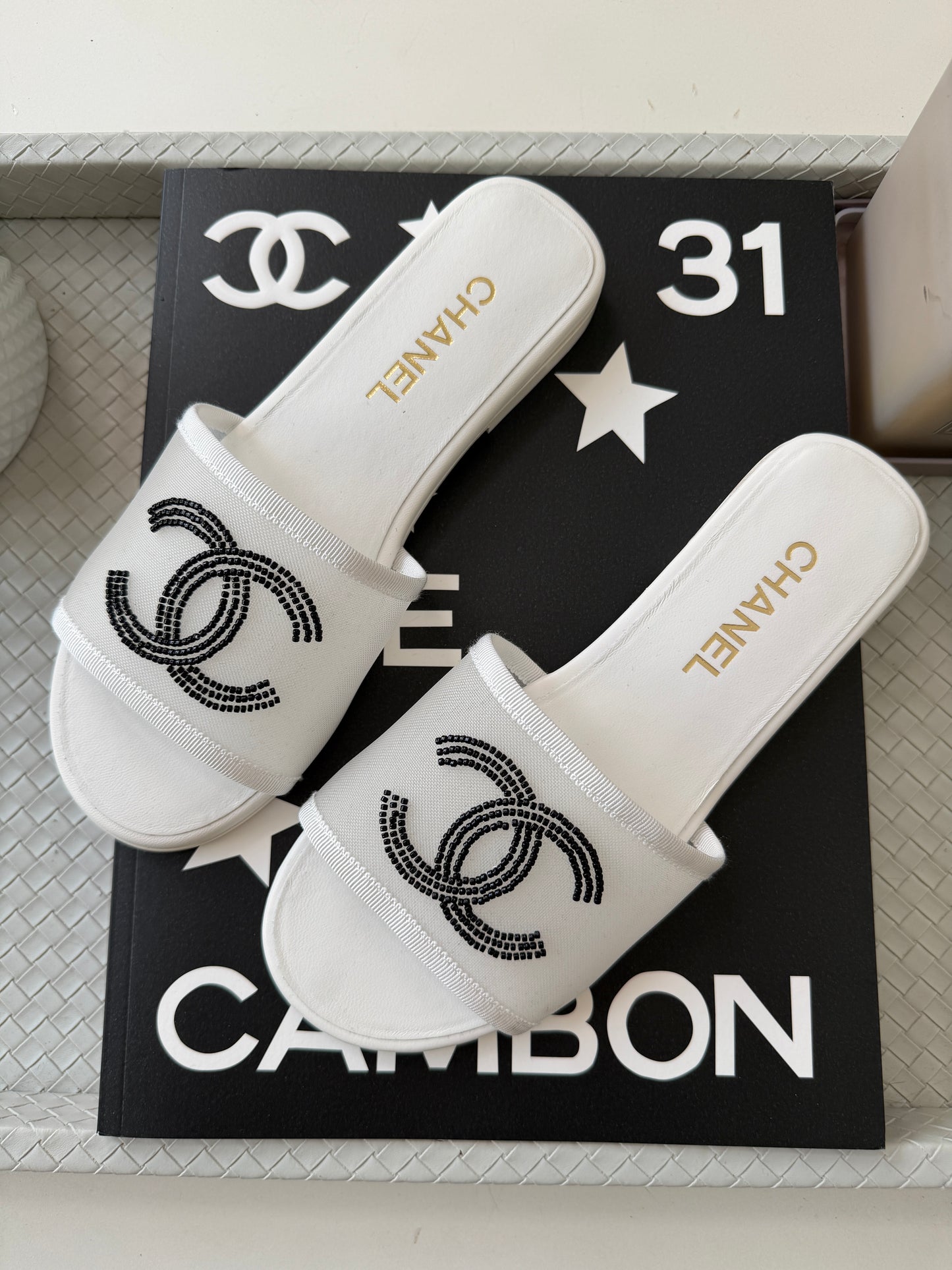 Chanel Blazy White Mesh Black Beads CC Logo Slides Sandals Mules Slide Flats