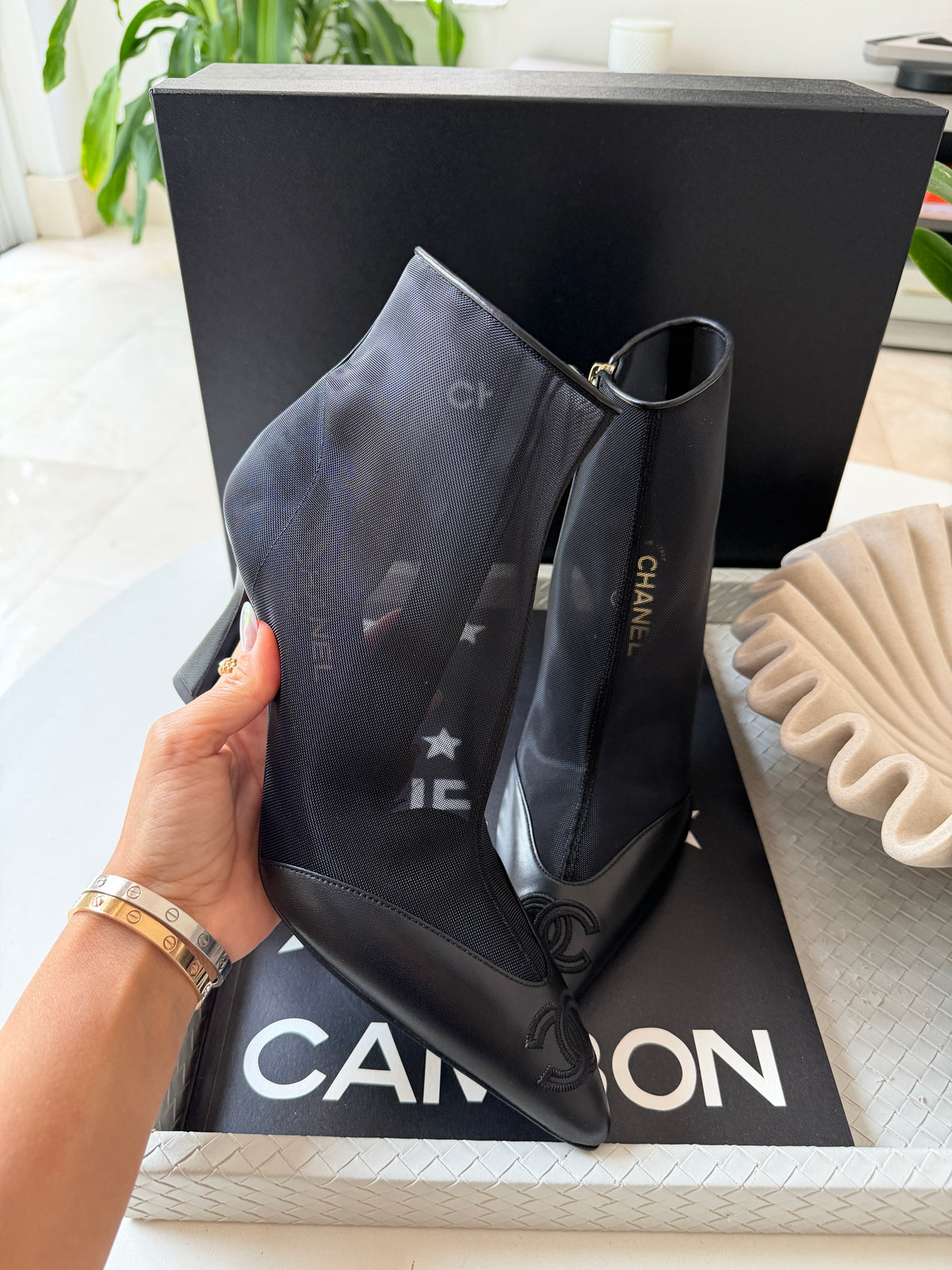 Chanel 26B Black Mesh Lambskin Leather CC Logo Cap Toe Booties Ankle Boots