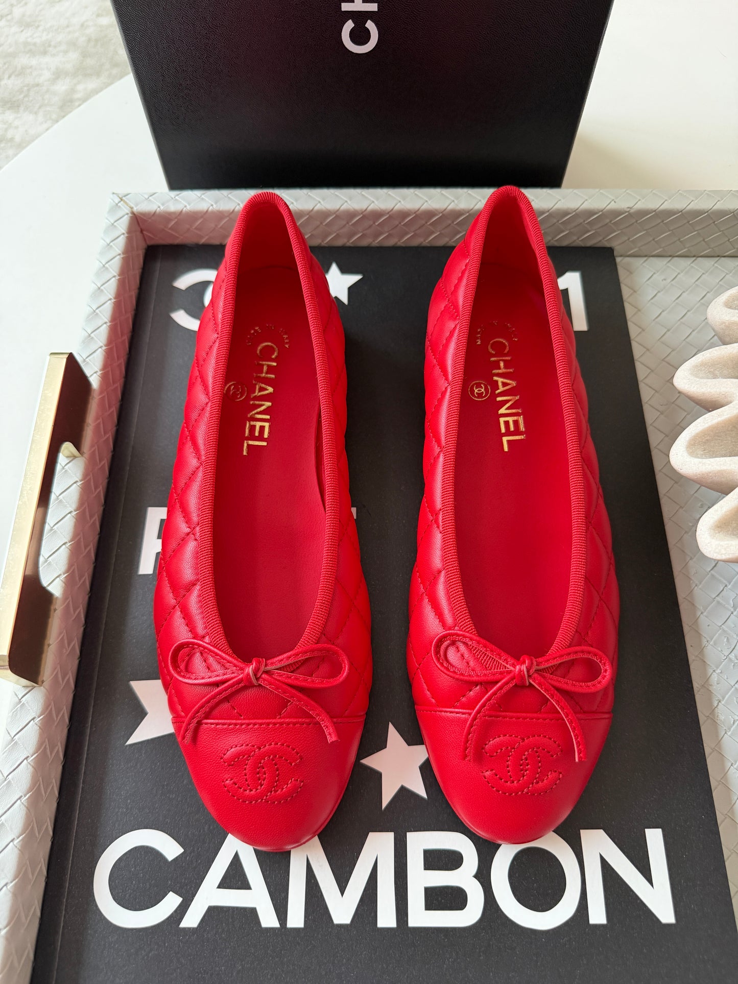 Chanel 26B Blazy Lambskin Leather Quilted Red Agneau Rouge CC Logo Ballet Ballerina Flats