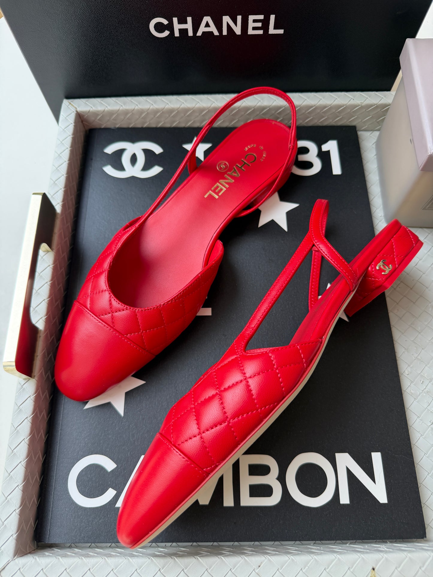 Chanel 26B Red Agneau Rouge Quilted Lambskin Leather Slingback Sling CC Flats