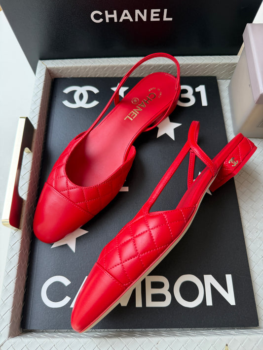 Chanel 26B Red Agneau Rouge Quilted Lambskin Leather Slingback Sling CC Flats