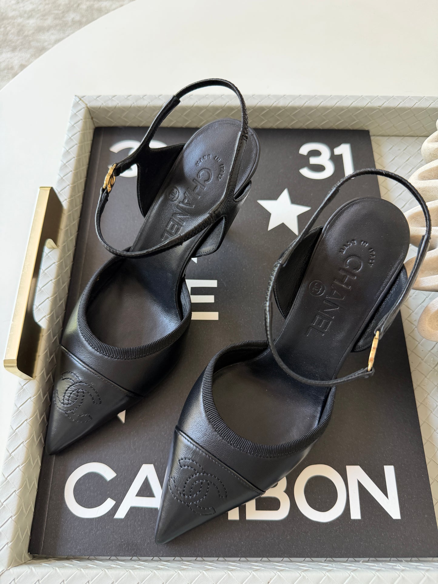 CHANEL SS 2026 BLAZY BLACK CAP POINTED TOE LEATHER CC LOGO HEELS SHOES PUMPS SLINGBACKS