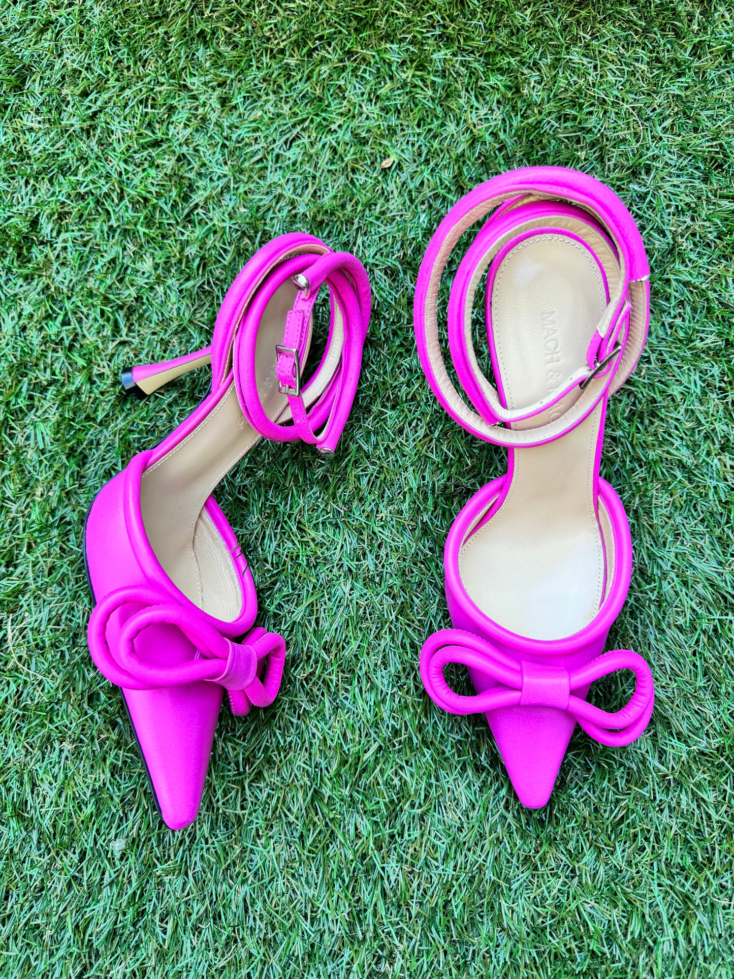 Mach & Mach Double Bow Hot Pink Fuchsia Leather Pointed Toe Ankle Strap Sandals Heels Shoes