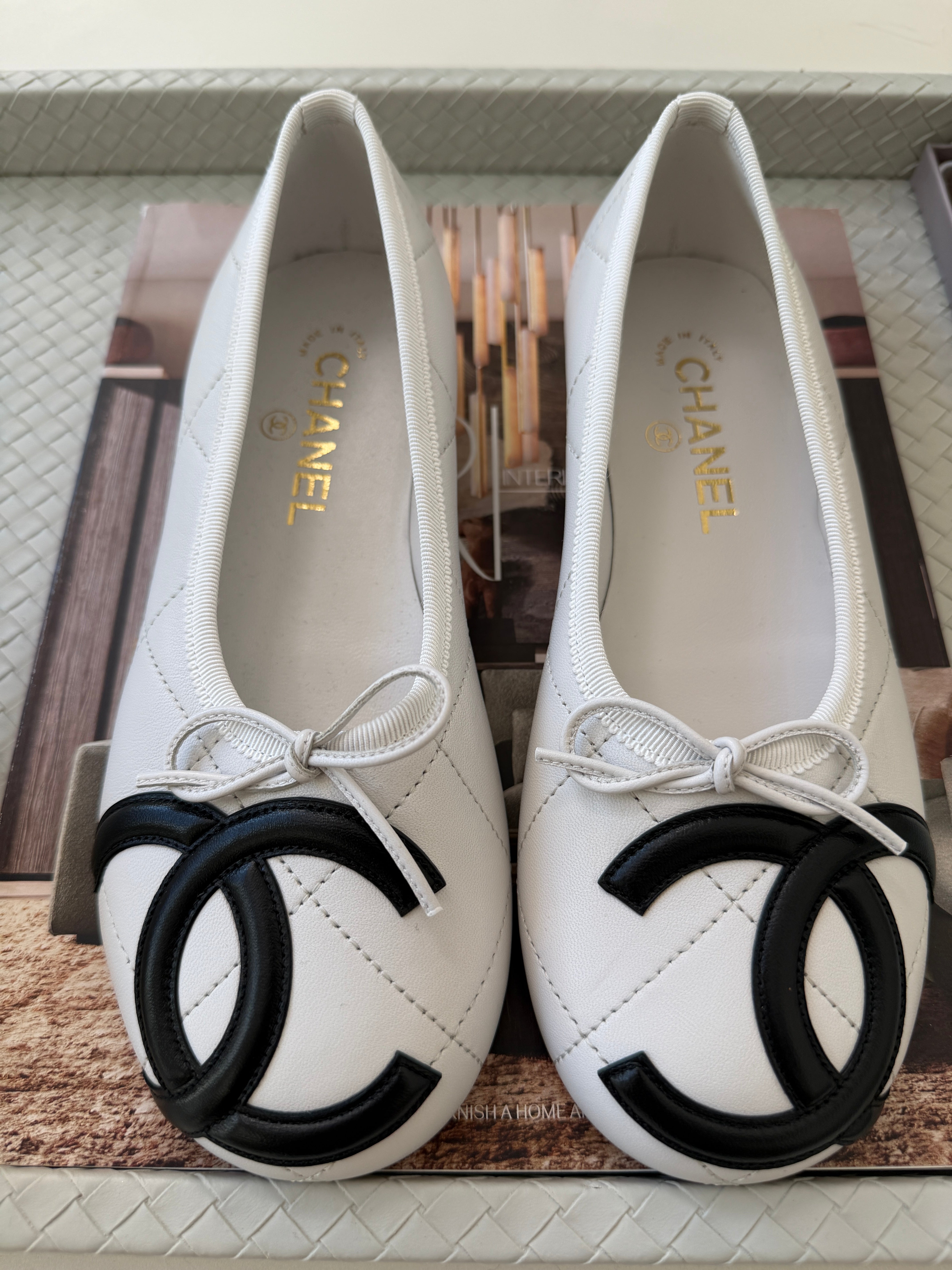 Chanel Cambon 2026 Quilted CC Logo White Black Leather Ballet