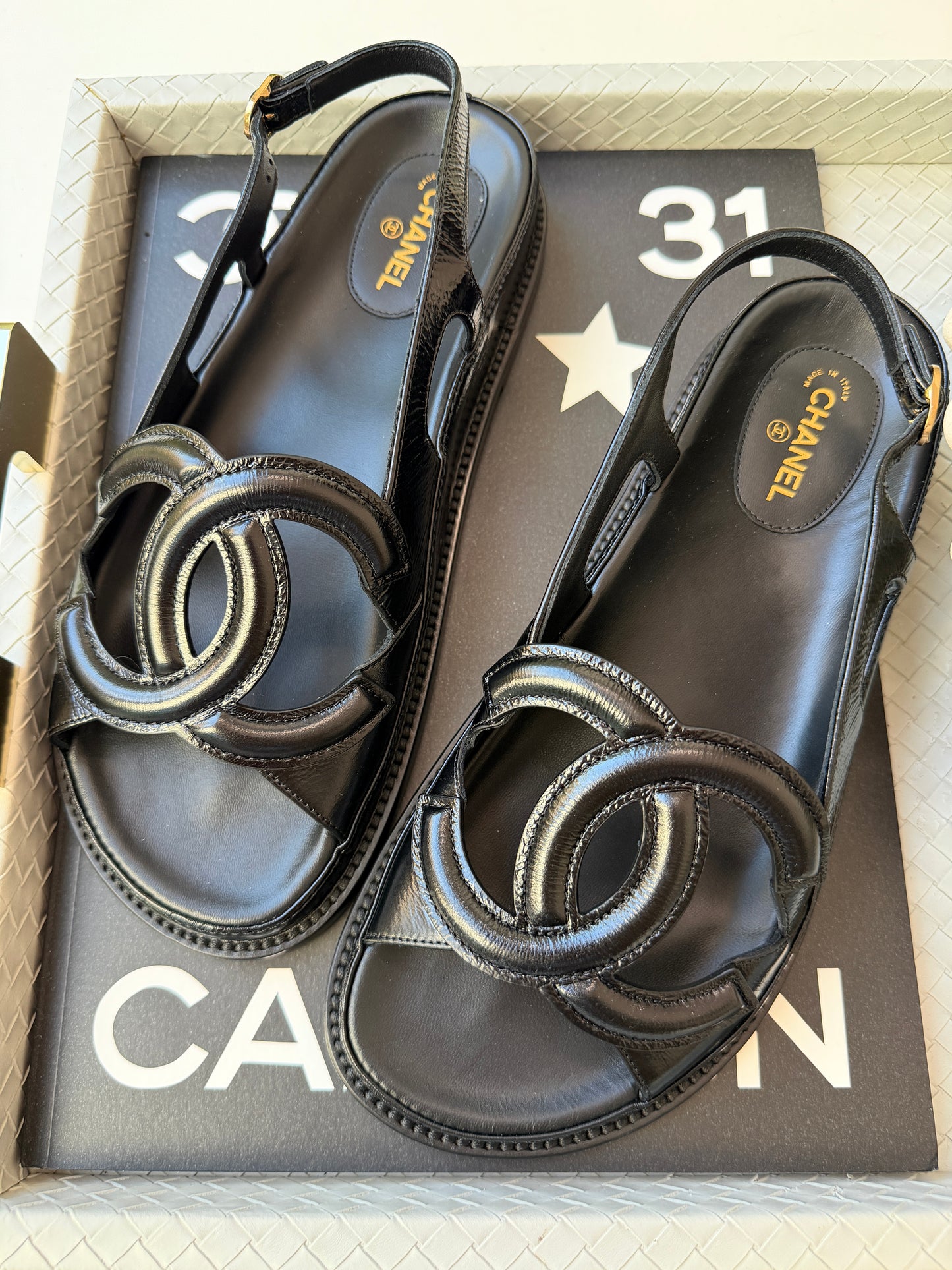 Chanel FW 26 Blazy Crumpled Shiny Lambskin Leather Black CC Logo Dad Sandals Slingbacks