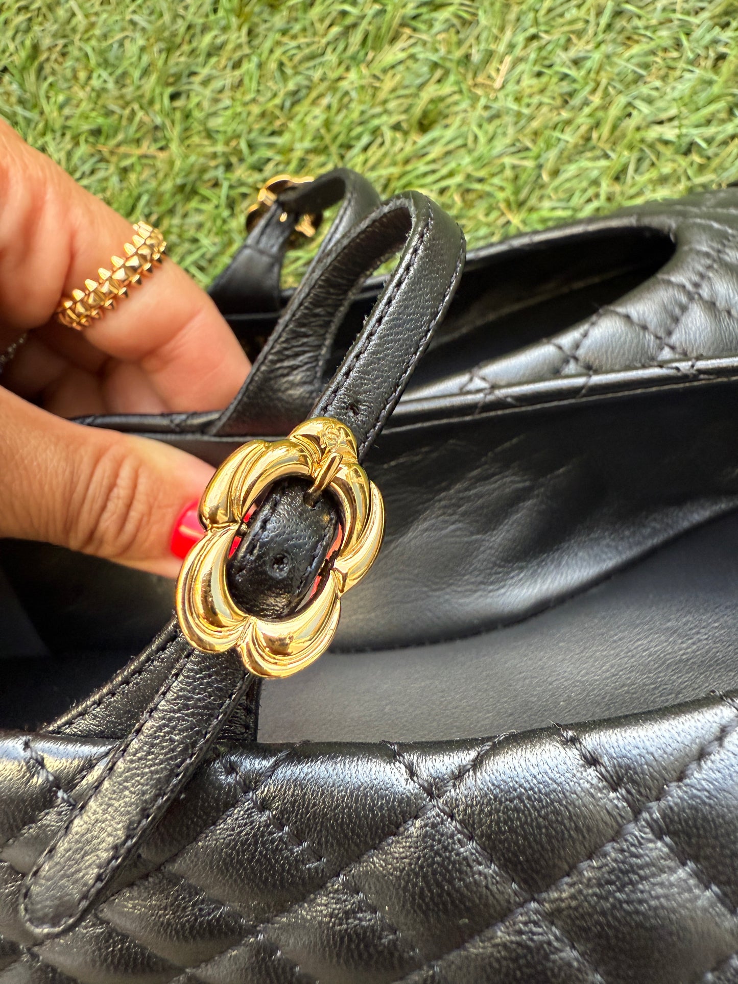CHANEL CC LOGO BLACK LEATHER MARYJANE BALLET FLATS GOLD BUCKLE 37/37C MISMATCH