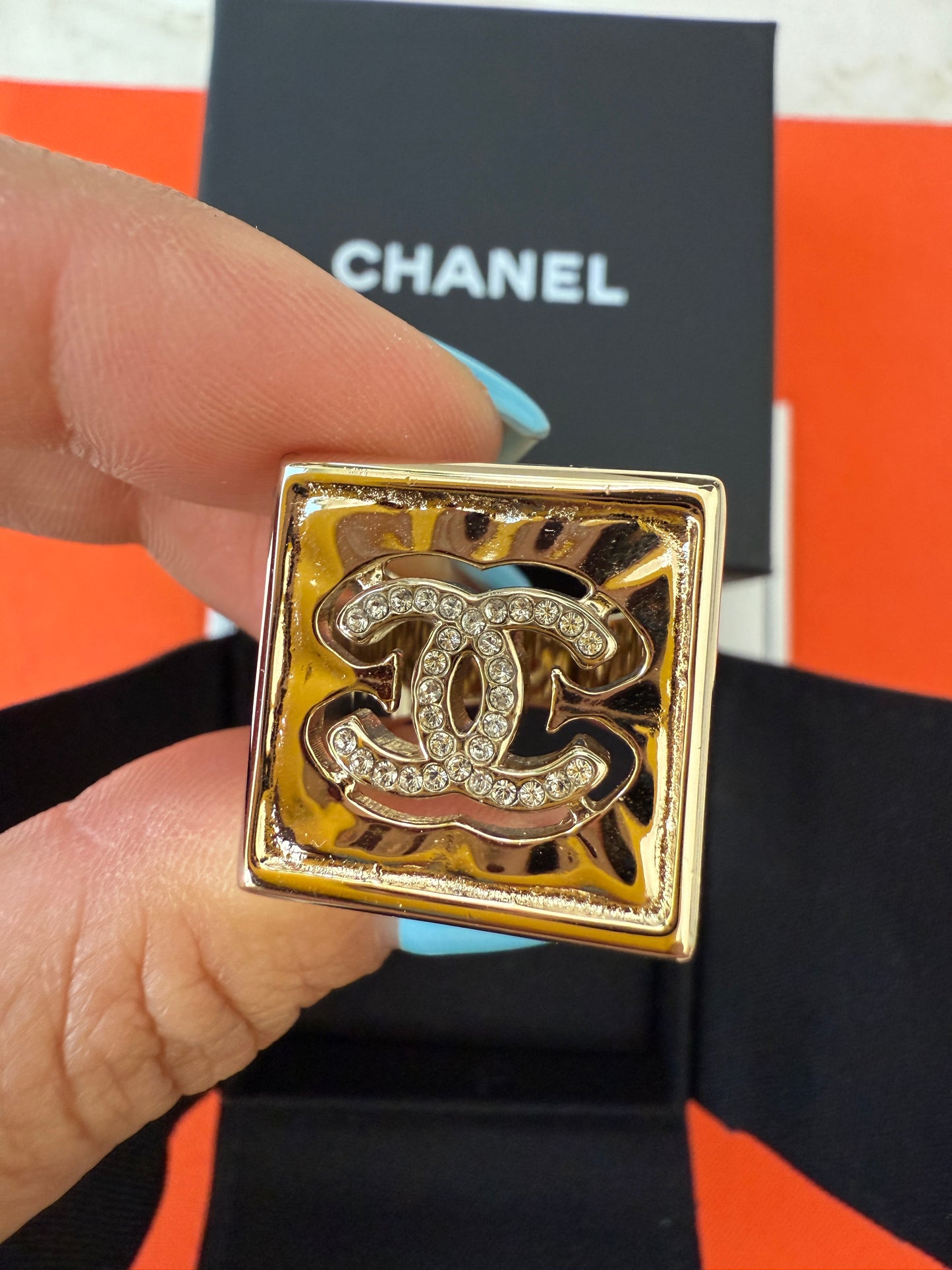 Chanel 22S CC Logo Crystals Strass Crystal Metal Gold Tone Square Ring