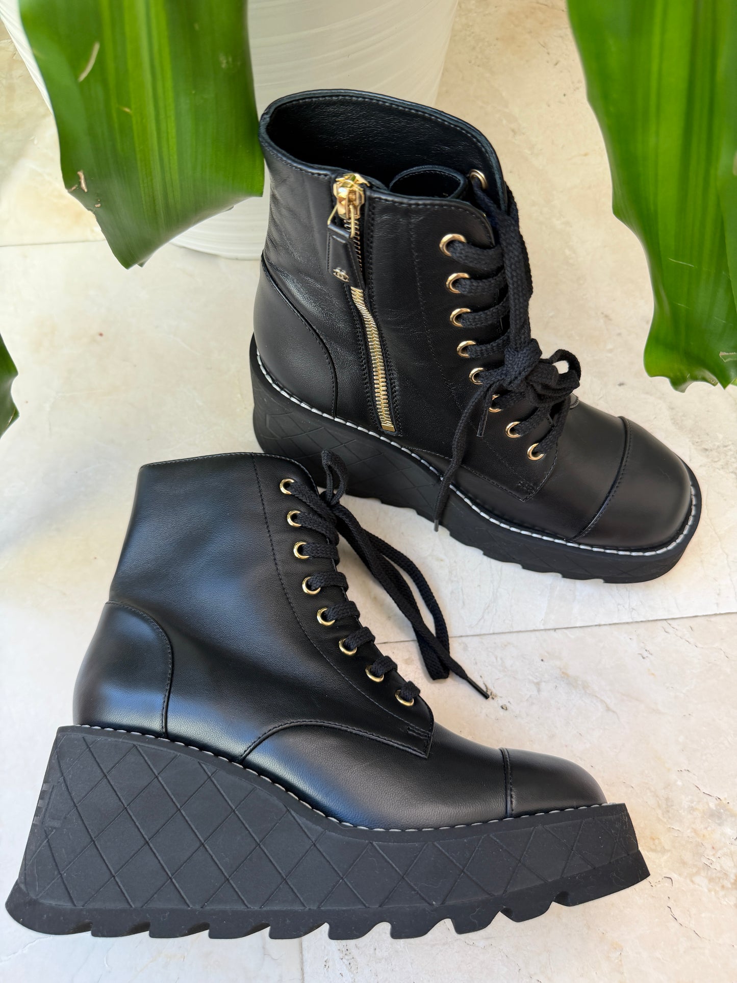 Chanel 2024 Platform Interlocking CC Logo Combat Wedge Lambskin Lace Up Ankle Boots