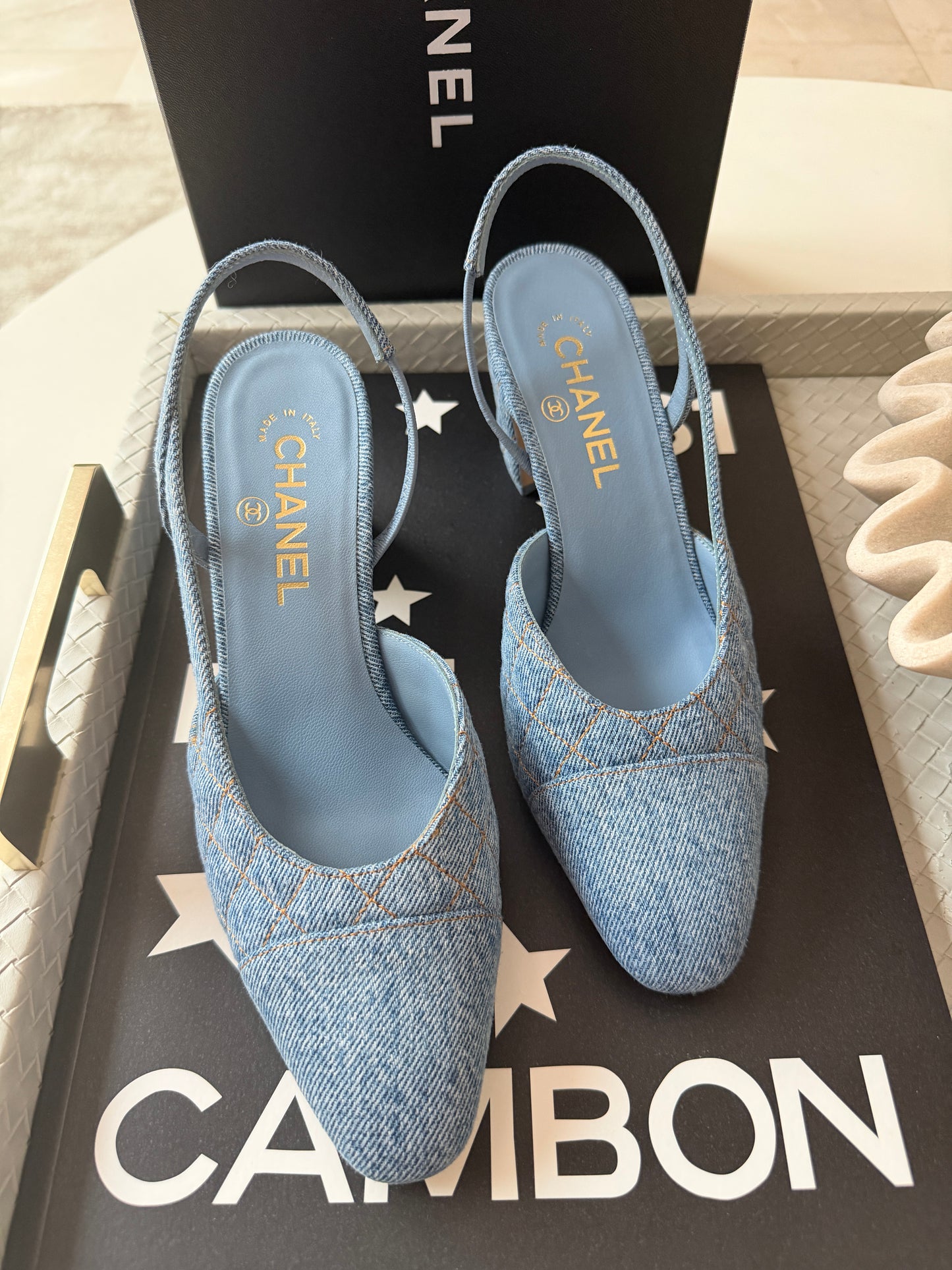 Chanel 26B CC Logo Light Blue Quilted Denim Jean Slingback Pumps Chunky Heel