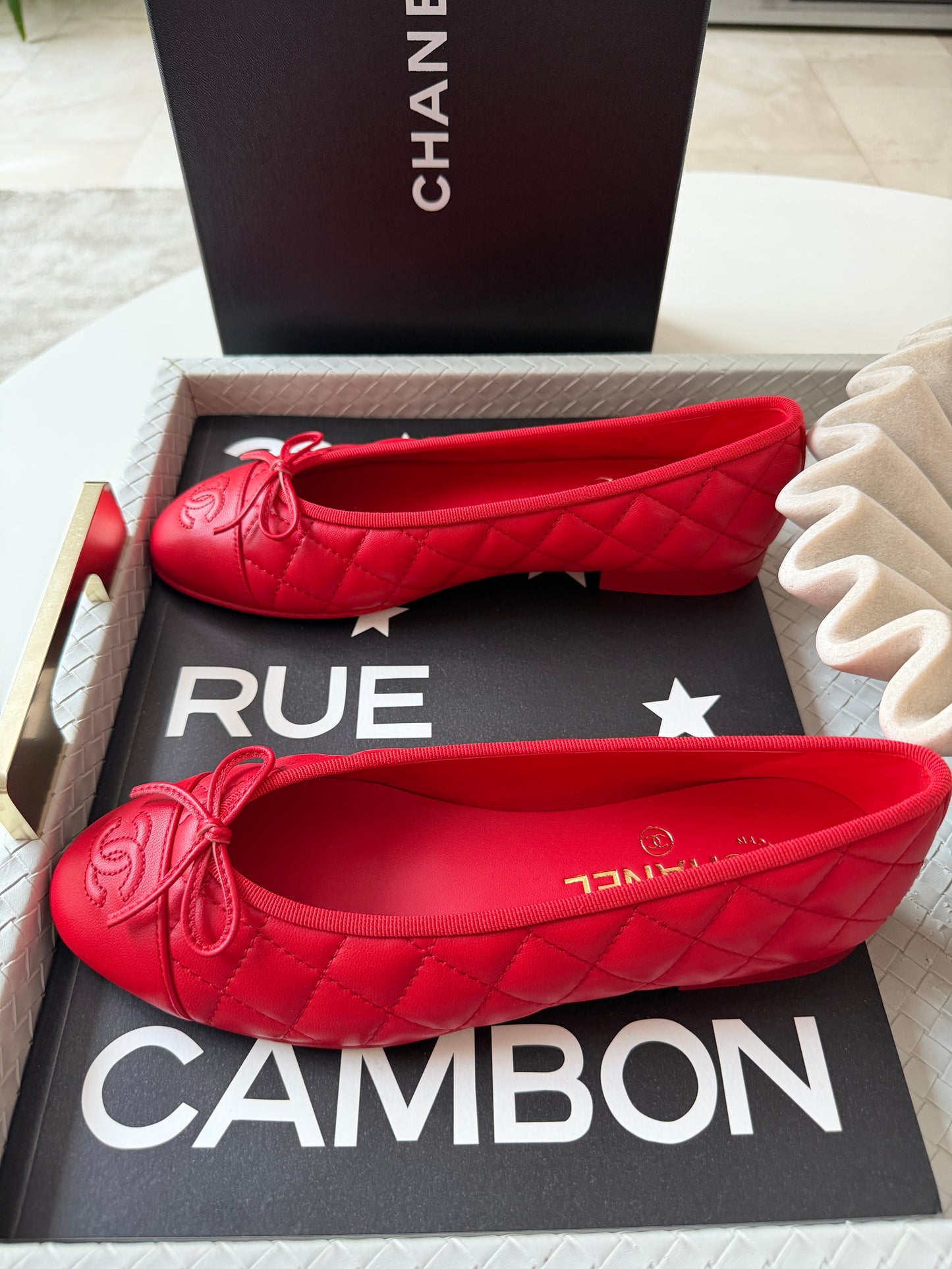 Chanel 26B Blazy Lambskin Leather Quilted Red Agneau Rouge CC Logo Ballet Ballerina Flats