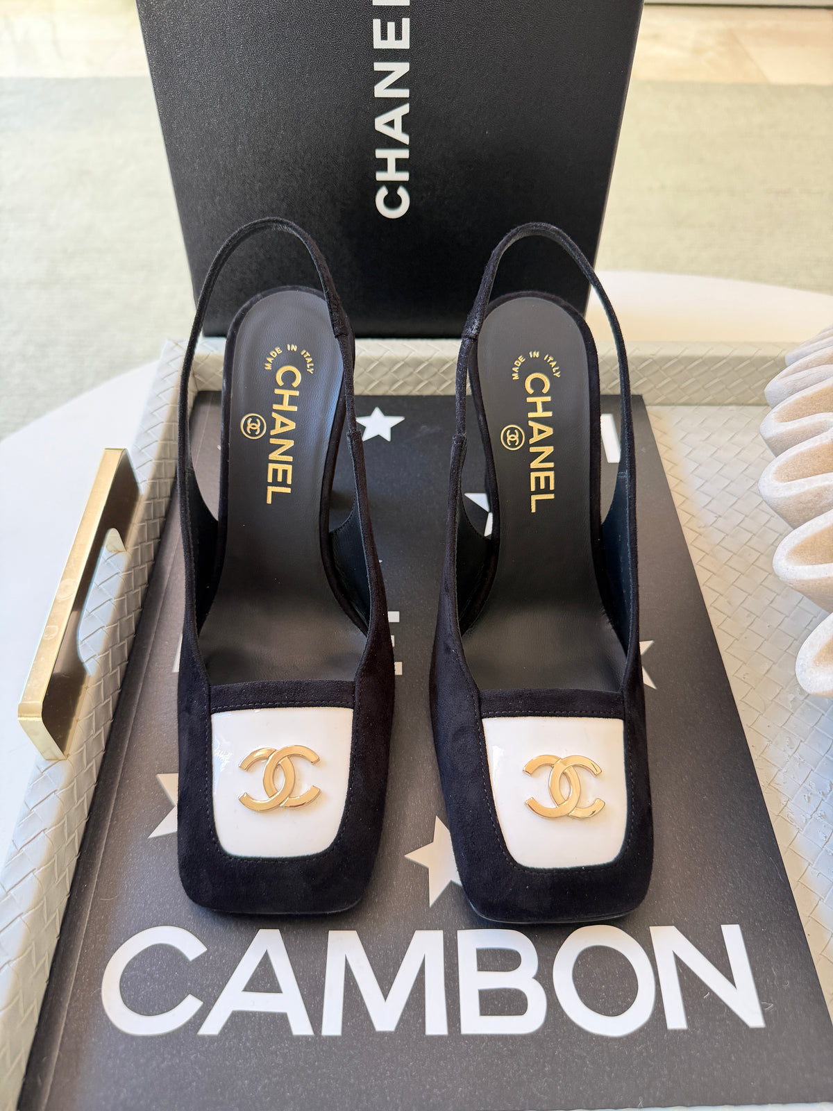 Chanel 26K Blazy Black Suede White Square Toe CC Slingback Sling Heel Pumps Heels