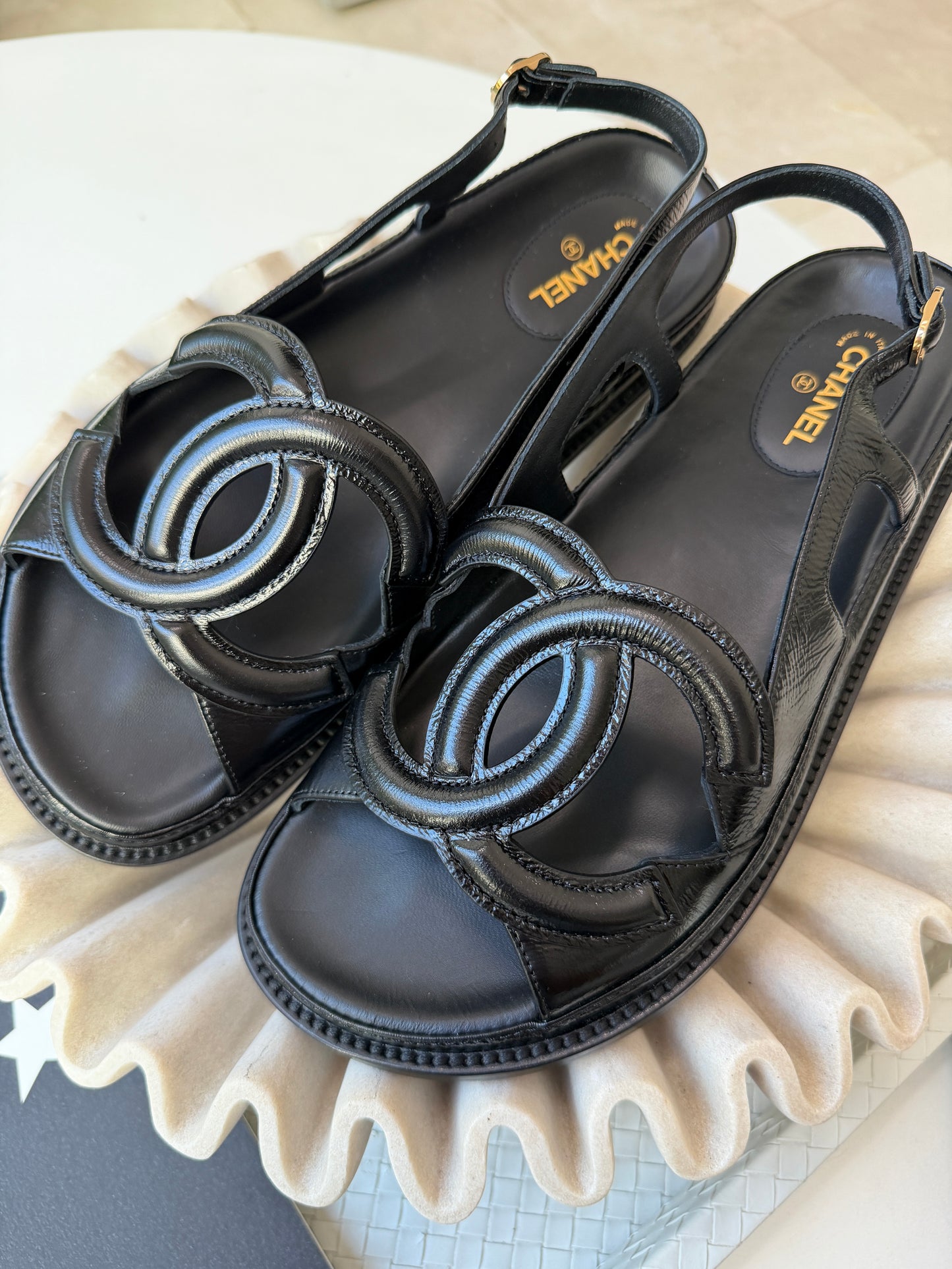 Chanel FW 26 Blazy Crumpled Shiny Lambskin Leather Black CC Logo Dad Sandals Slingbacks