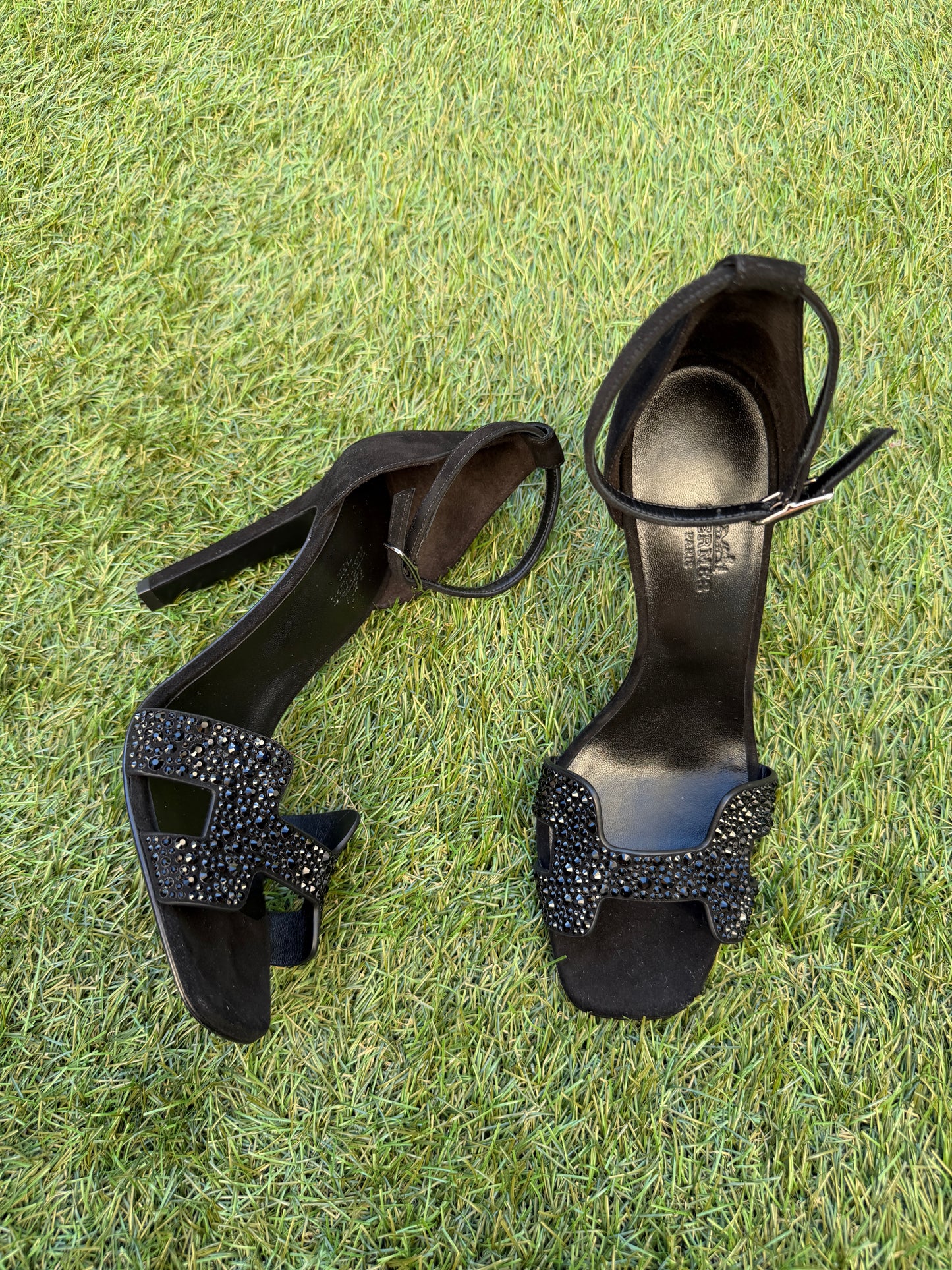 Hermes Joy 105 Noir Black Suede Crystal Strass Ankle Strap Sandal Heels