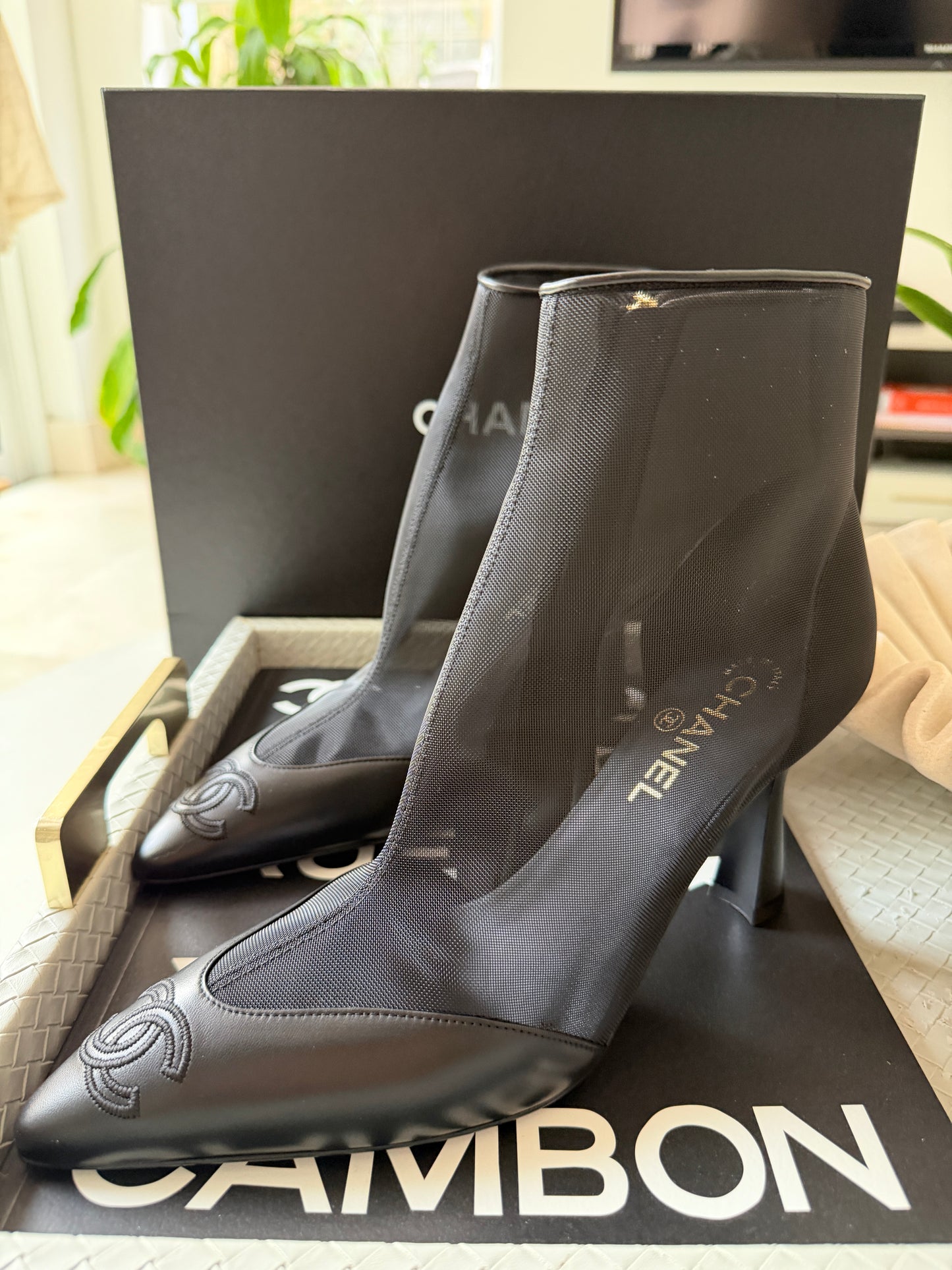 Chanel 26B Black Mesh Lambskin Leather CC Logo Cap Toe Booties Ankle Boots