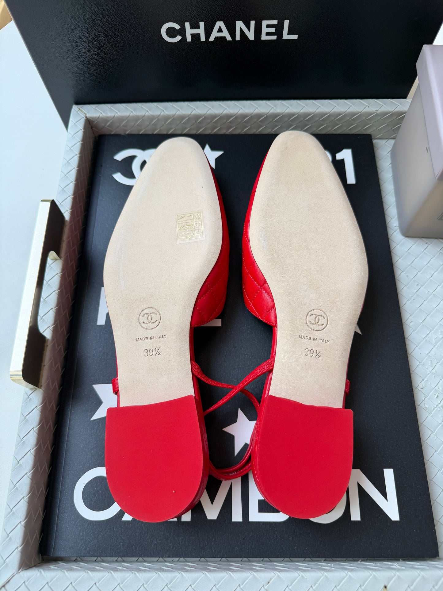 Chanel 26B Red Agneau Rouge Quilted Lambskin Leather Slingback Sling CC Flats