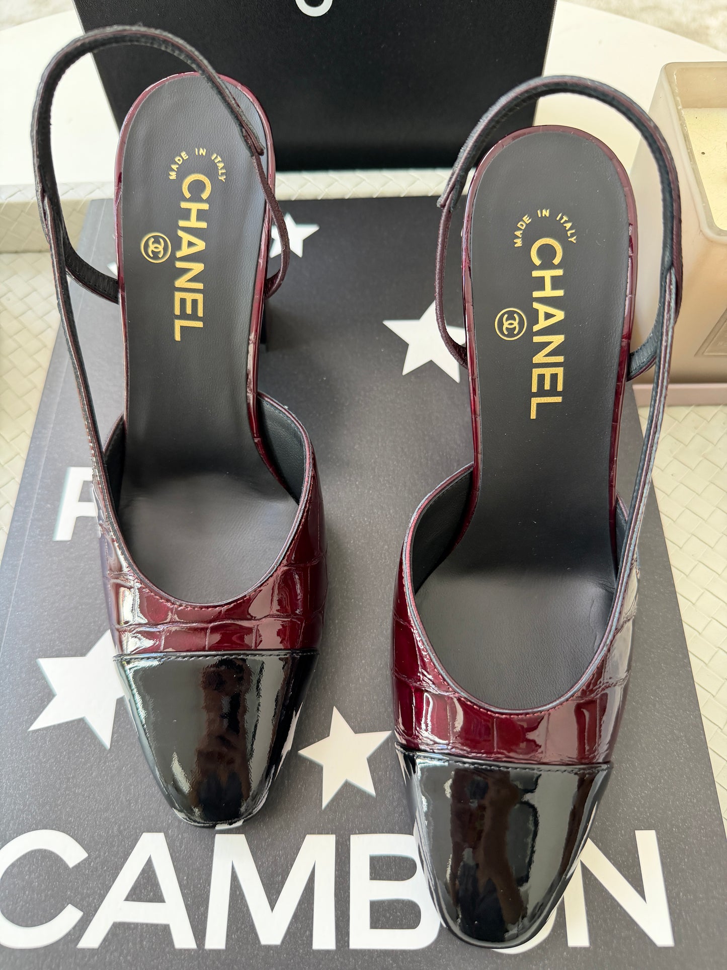 Chanel 26A Coco Sling Burgundy Bordeaux Fonce Croc Embossed Patent Leather Slingback Metiers Dart Pumps Heels