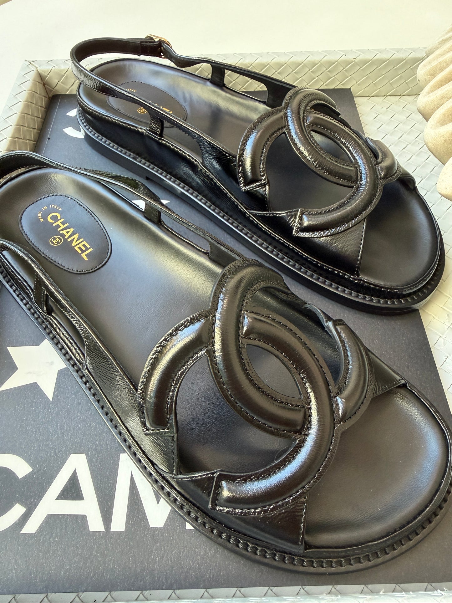 Chanel FW 26 Blazy Crumpled Shiny Lambskin Leather Black CC Logo Dad Sandals Slingbacks