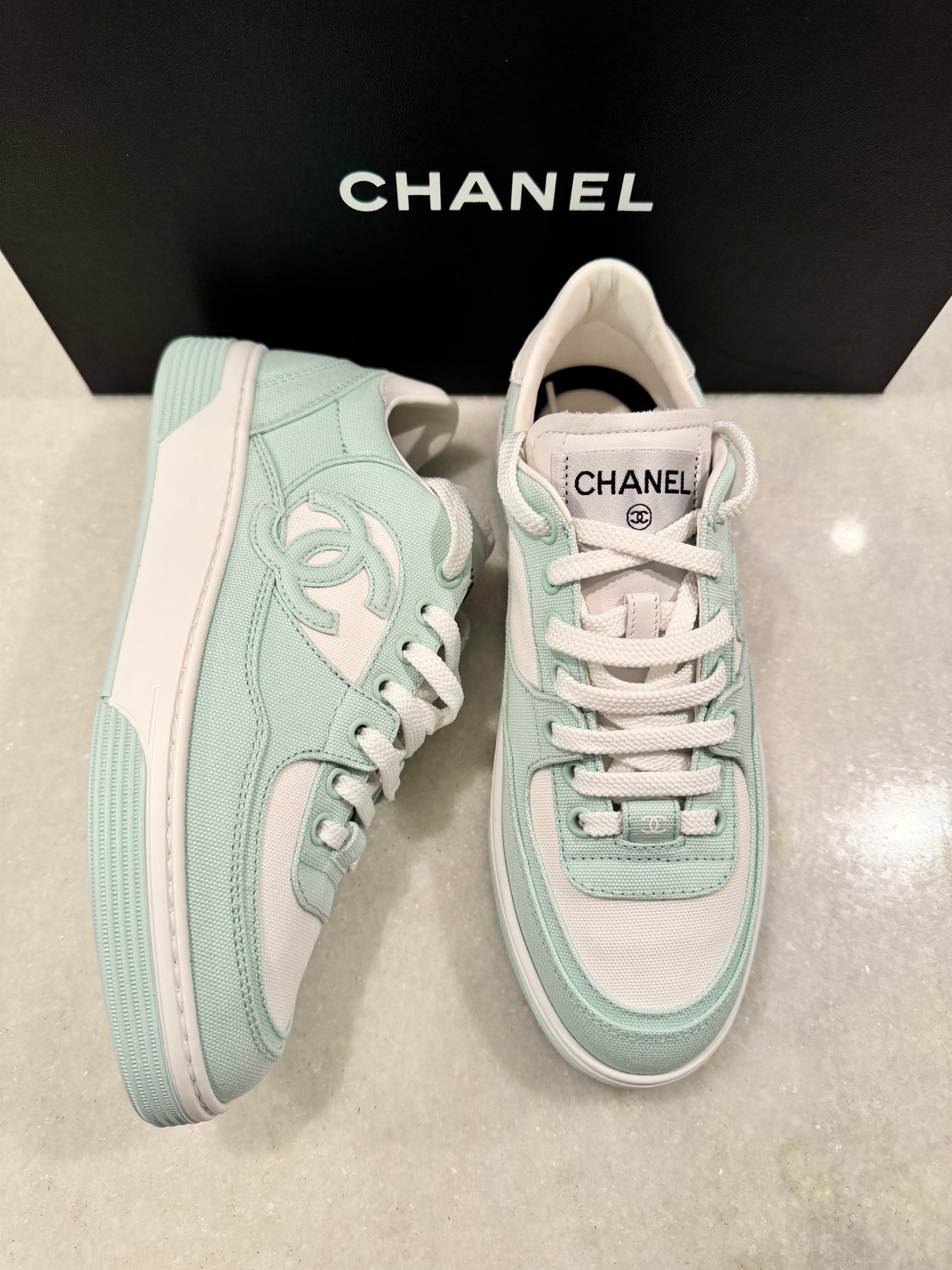 Chanel 24C Cruise 2024 Light Turquoise White Cotton CC Logo Trainers Sneakers
