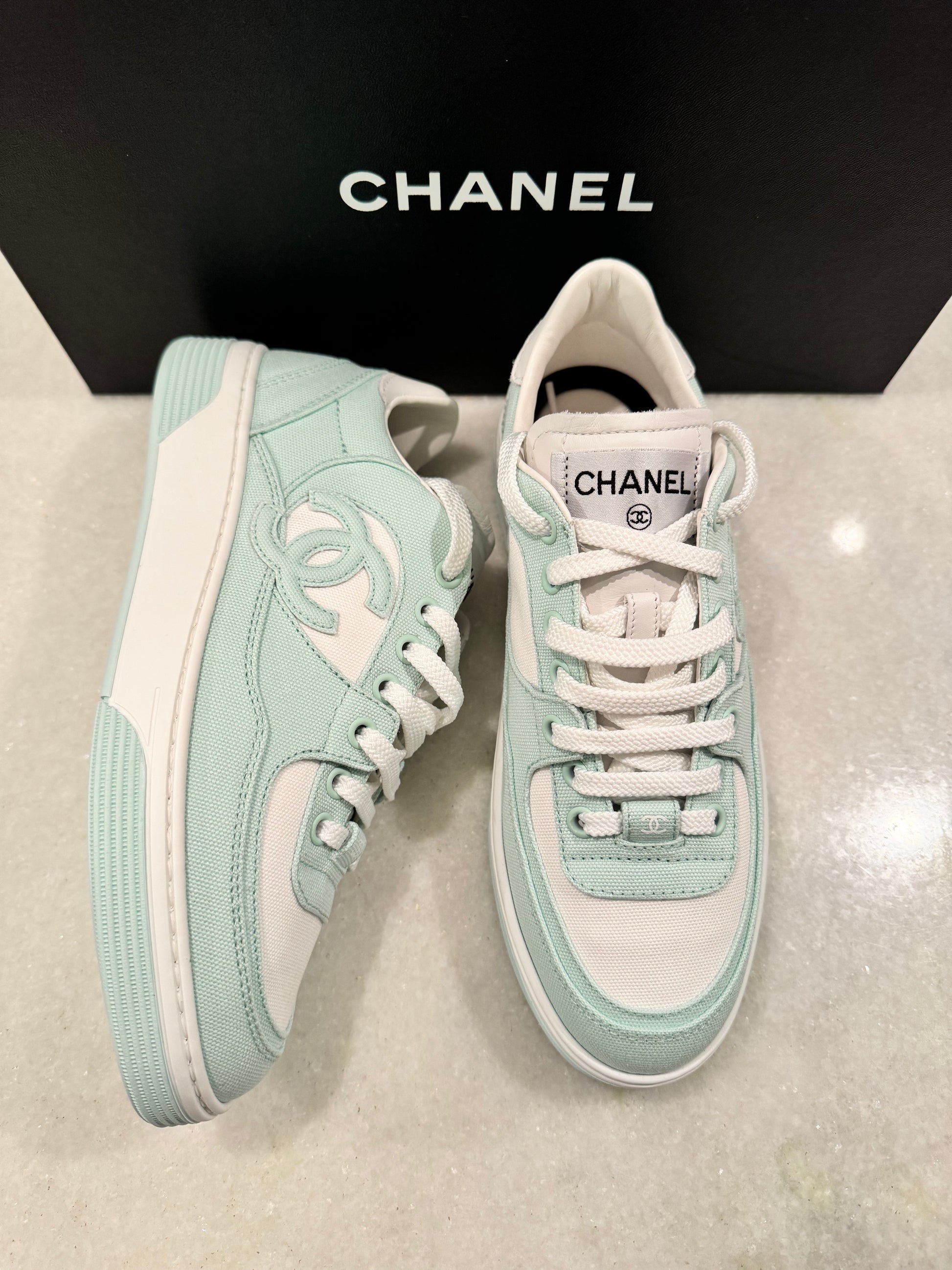 Chanel 24C Cruise 2024 Light Turquoise White Cotton CC Logo Trainers S Miami Lux Boutique