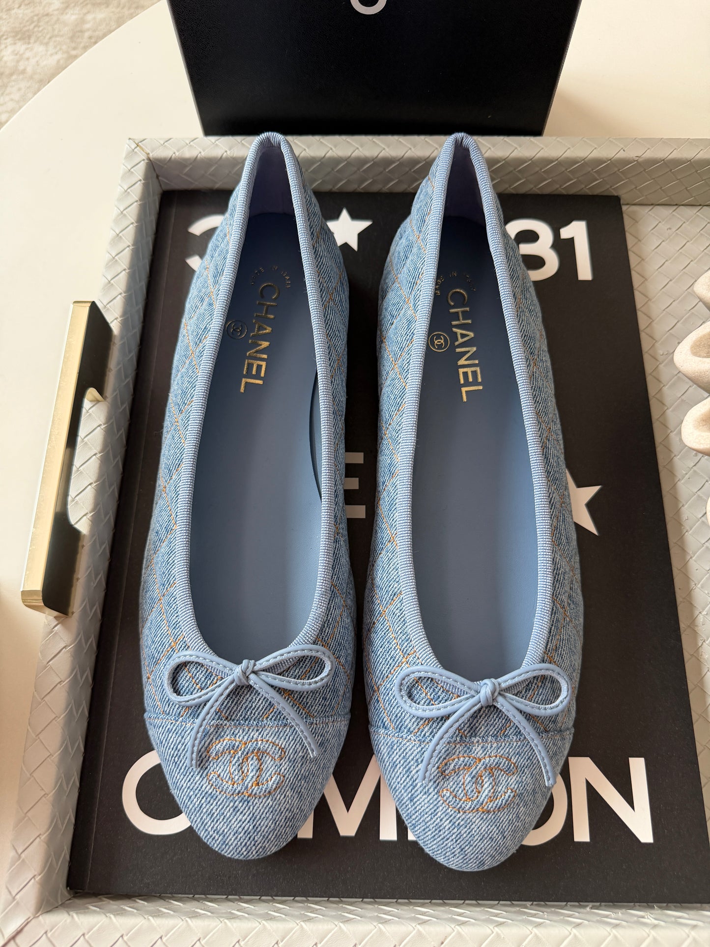 Chanel 26B Blazy Quilted Denim CC Logo Ballet Flats Light Blue Jean Ballerina