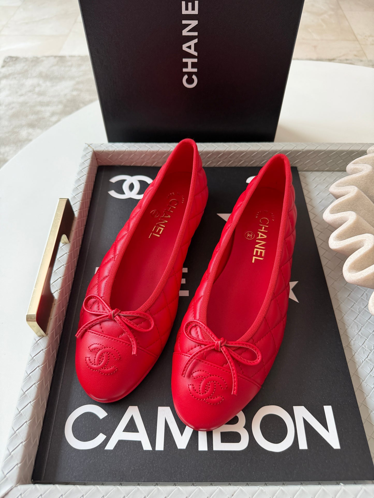 Chanel 26B Blazy Lambskin Leather Quilted Red Agneau Rouge CC Logo Ballet Ballerina Flats