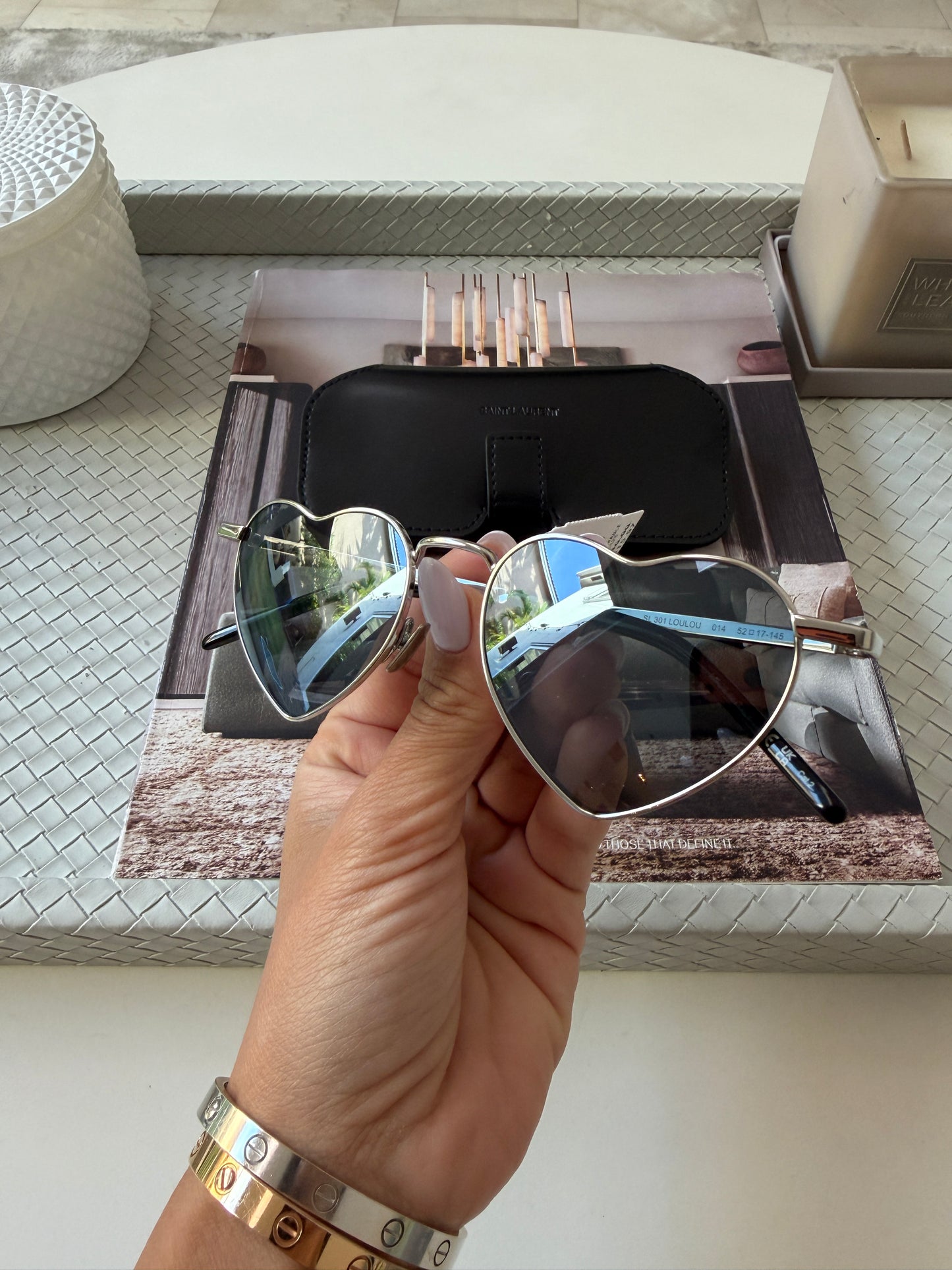 Saint Laurent Loulou SL 301 52mm Heart Shaped Hearts Silver Mirrored Sunglasses