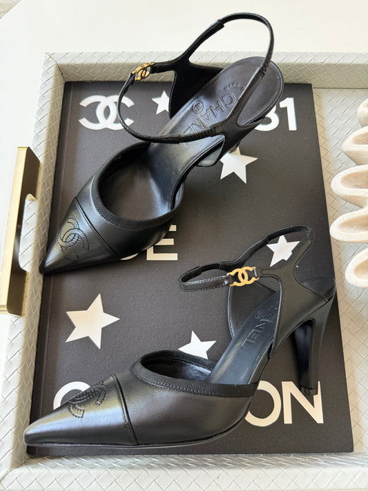 CHANEL SS 2026 BLAZY BLACK CAP POINTED TOE LEATHER CC LOGO HEELS SHOES PUMPS SLINGBACKS