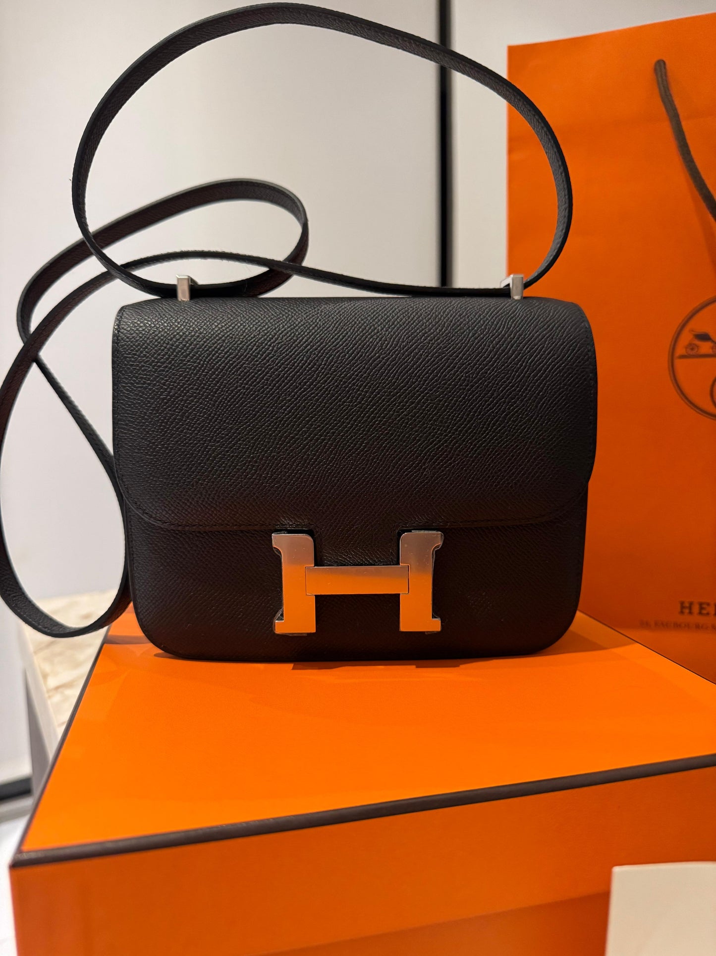 Hermes Constance 18 Mini Black Noir Epsom Leather Palladium Hardware PHW Flap Shoulder Cross Body Bag Purse