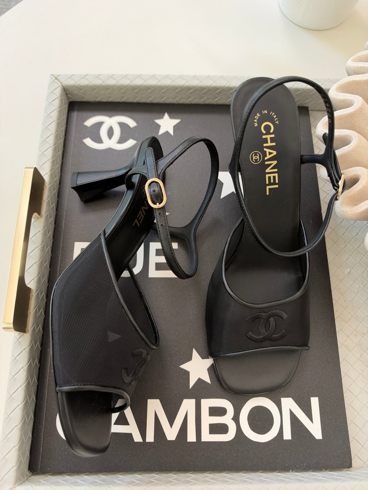 CHANEL 26 BLAZY BLACK MESH LAMBSKIN OPEN TOE CC LOGO SANDALS HEELS SHOES