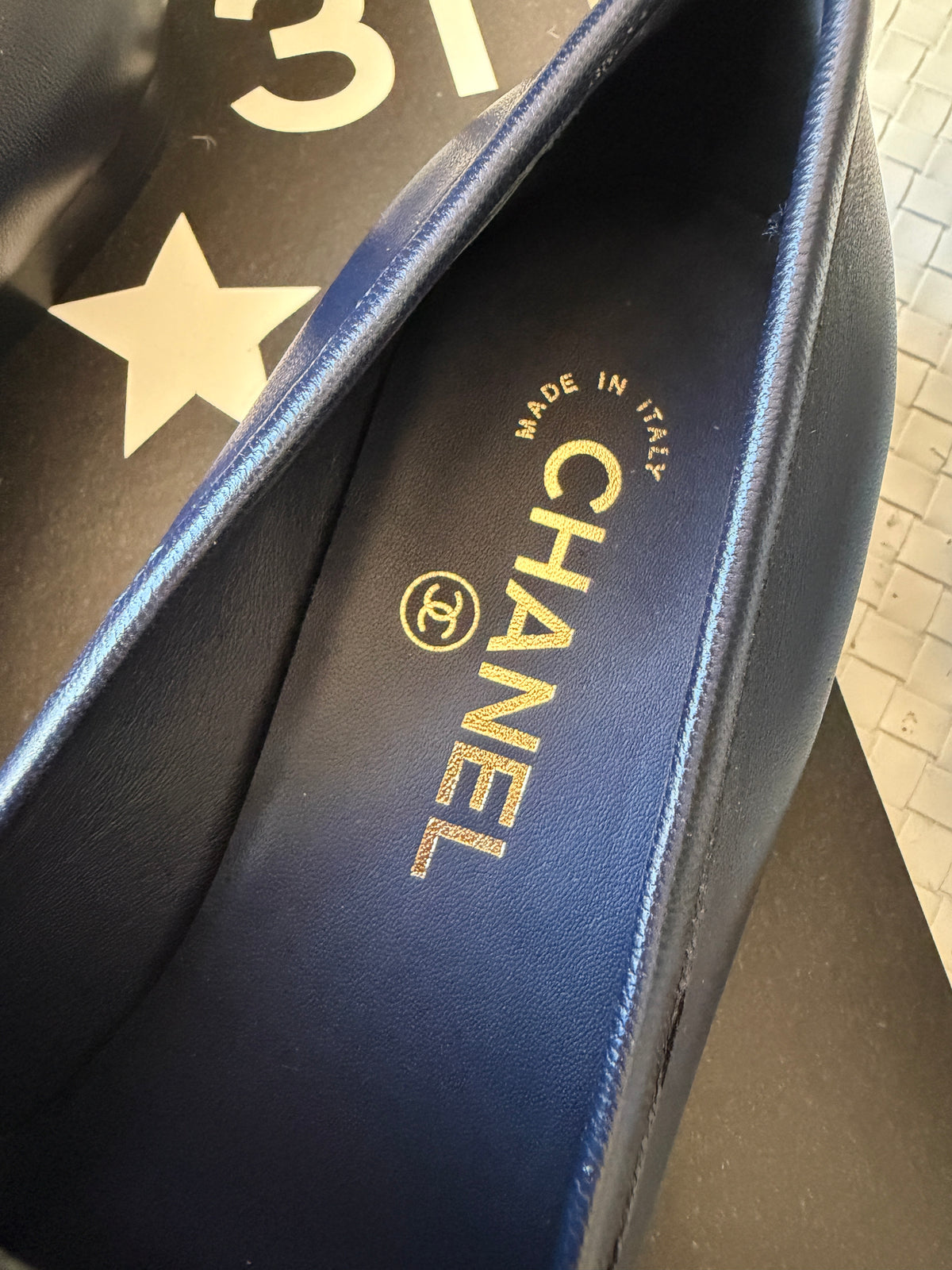 Chanel 2024 Classic Lambskin Leather Navy Blue Enamel CC Logo Moccasins Loafers Flats Shoes