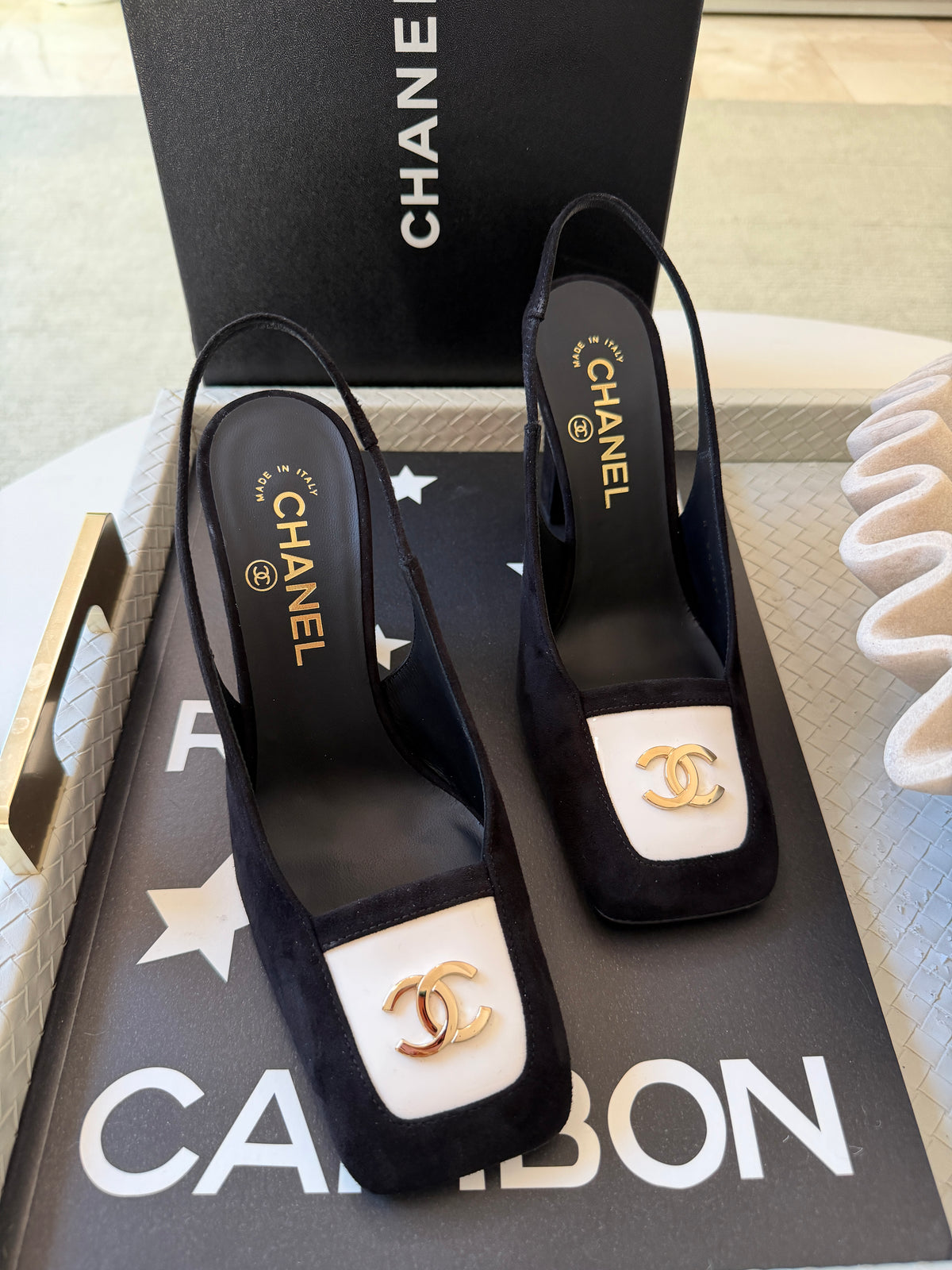 Chanel 26K Blazy Black Suede White Square Toe CC Slingback Sling Heel Pumps Heels