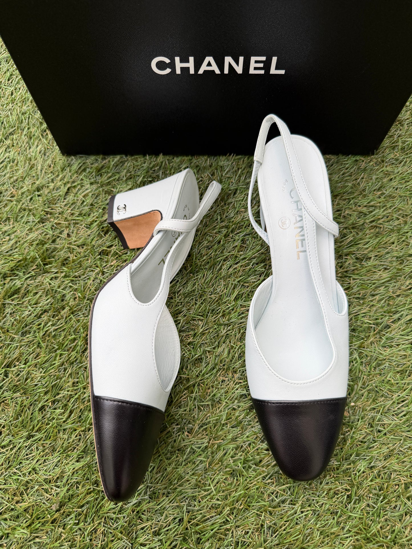 CHANEL CLASSIC LOGO LIGHT BLUE LEATHER SLINGBACK LOW HEEL SLINGBACKS CAP TOE