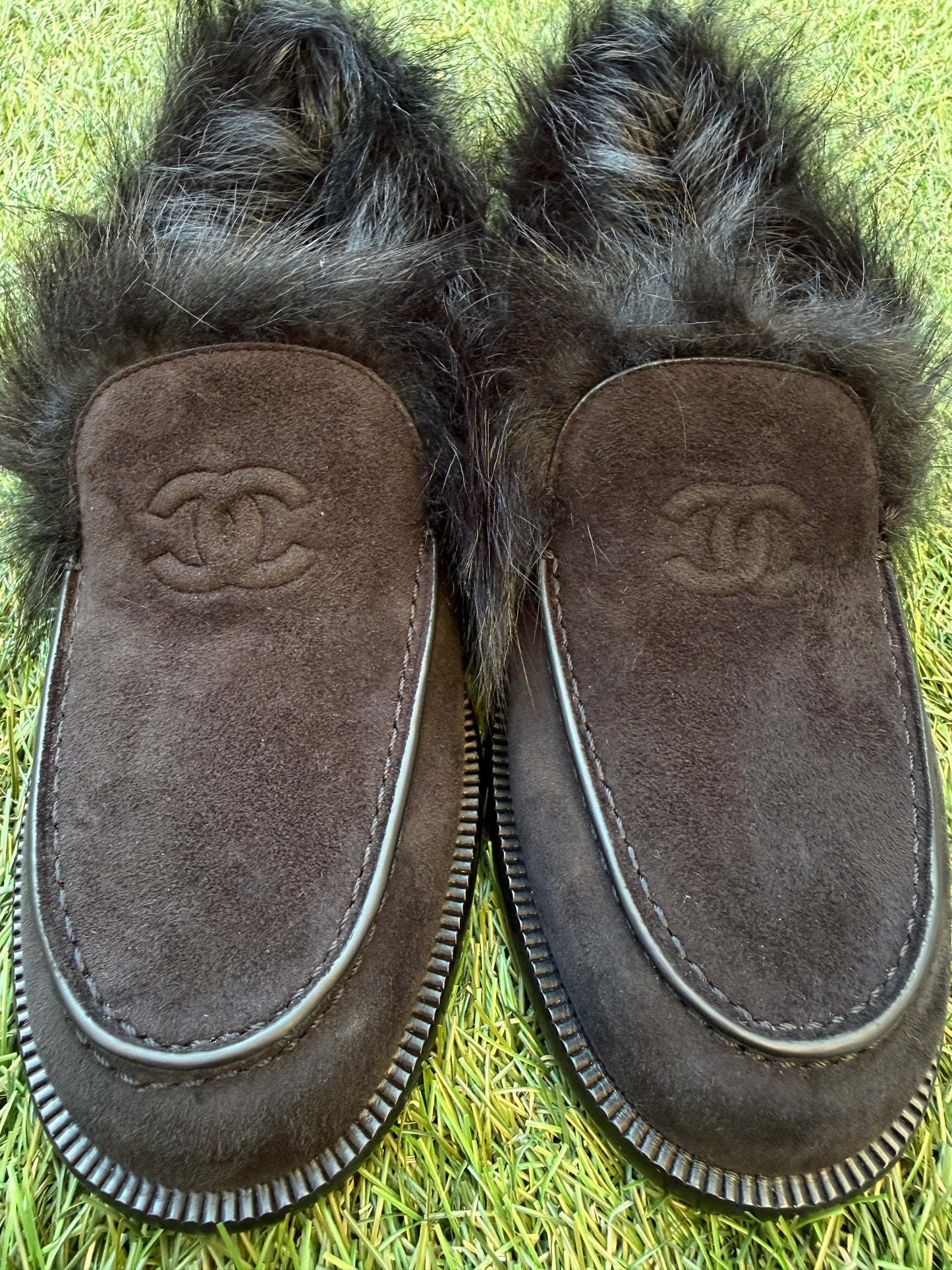 CHANEL COCO NEIGE 25/26 BLACK SUEDE LEATHER FUR SHEARLING LOAFERS MOCCASSINS