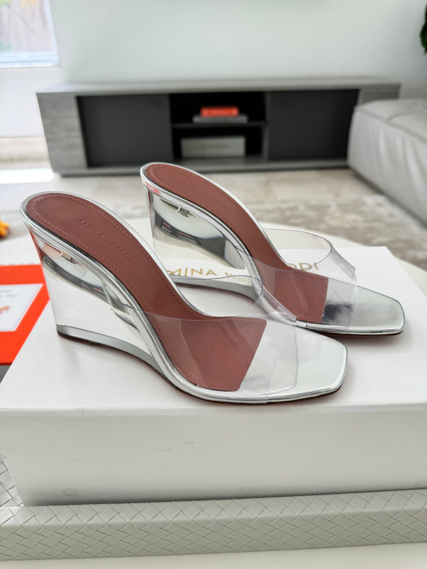 Amina Muaddi Lupita Glass Wedge PVC Clear Silver Mule Sandals Heel Shoes