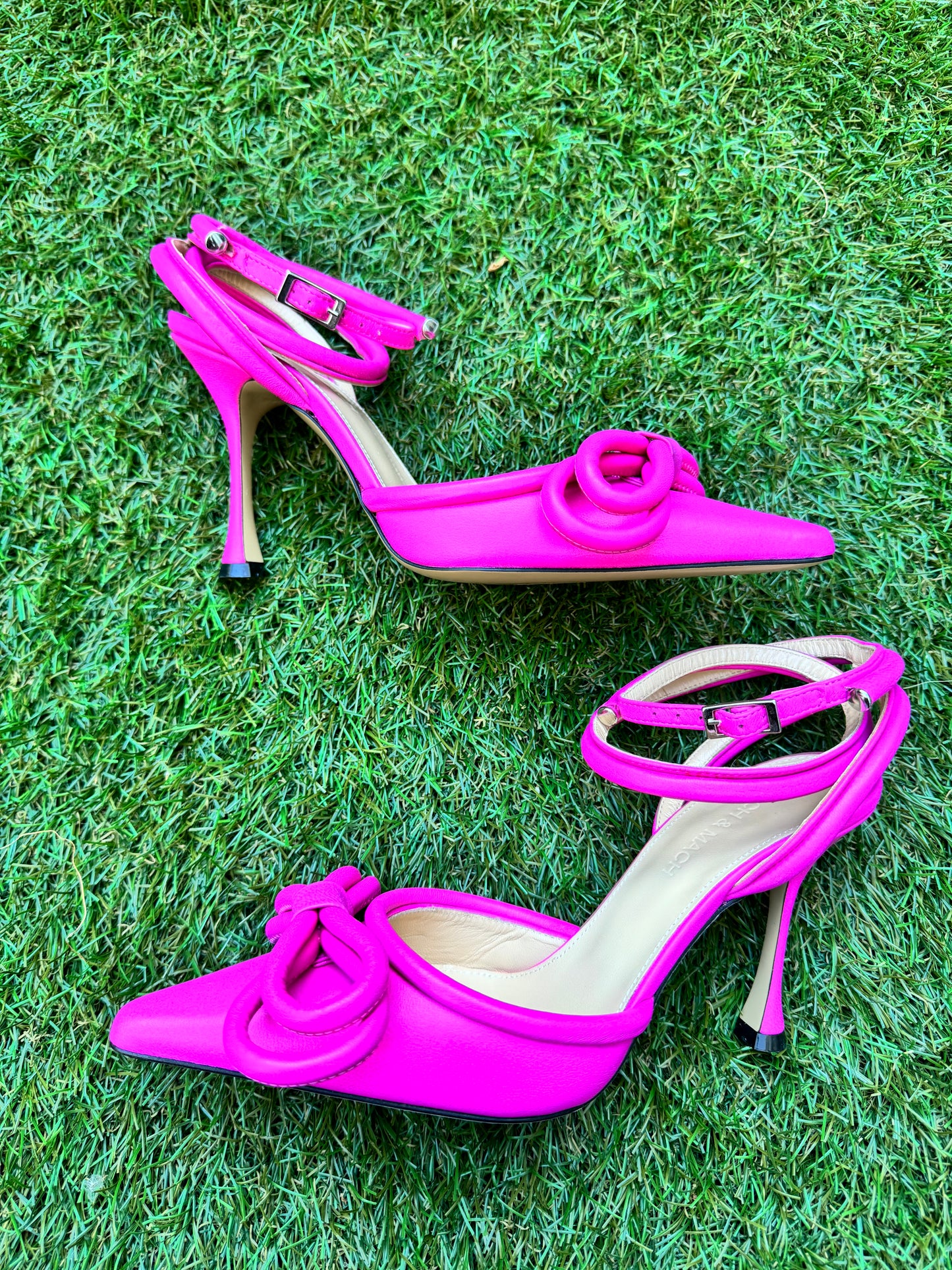 Mach & Mach Double Bow Hot Pink Fuchsia Leather Pointed Toe Ankle Strap Sandals Heels Shoes