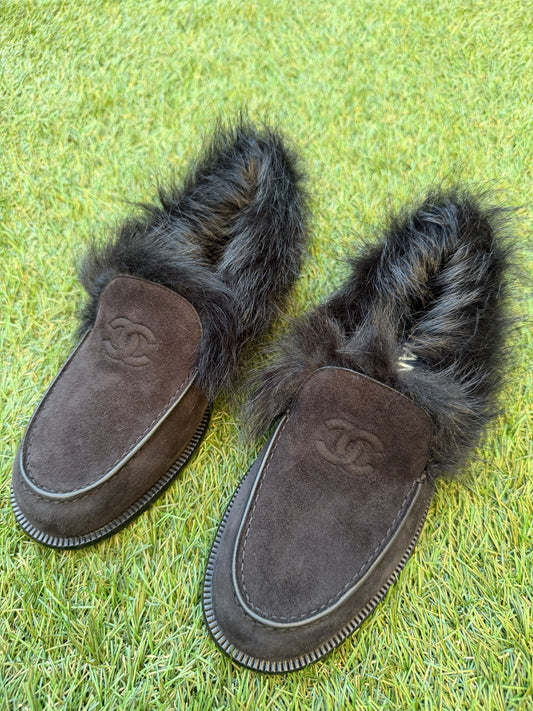 CHANEL COCO NEIGE 25/26 BLACK SUEDE LEATHER FUR SHEARLING LOAFERS MOCCASSINS
