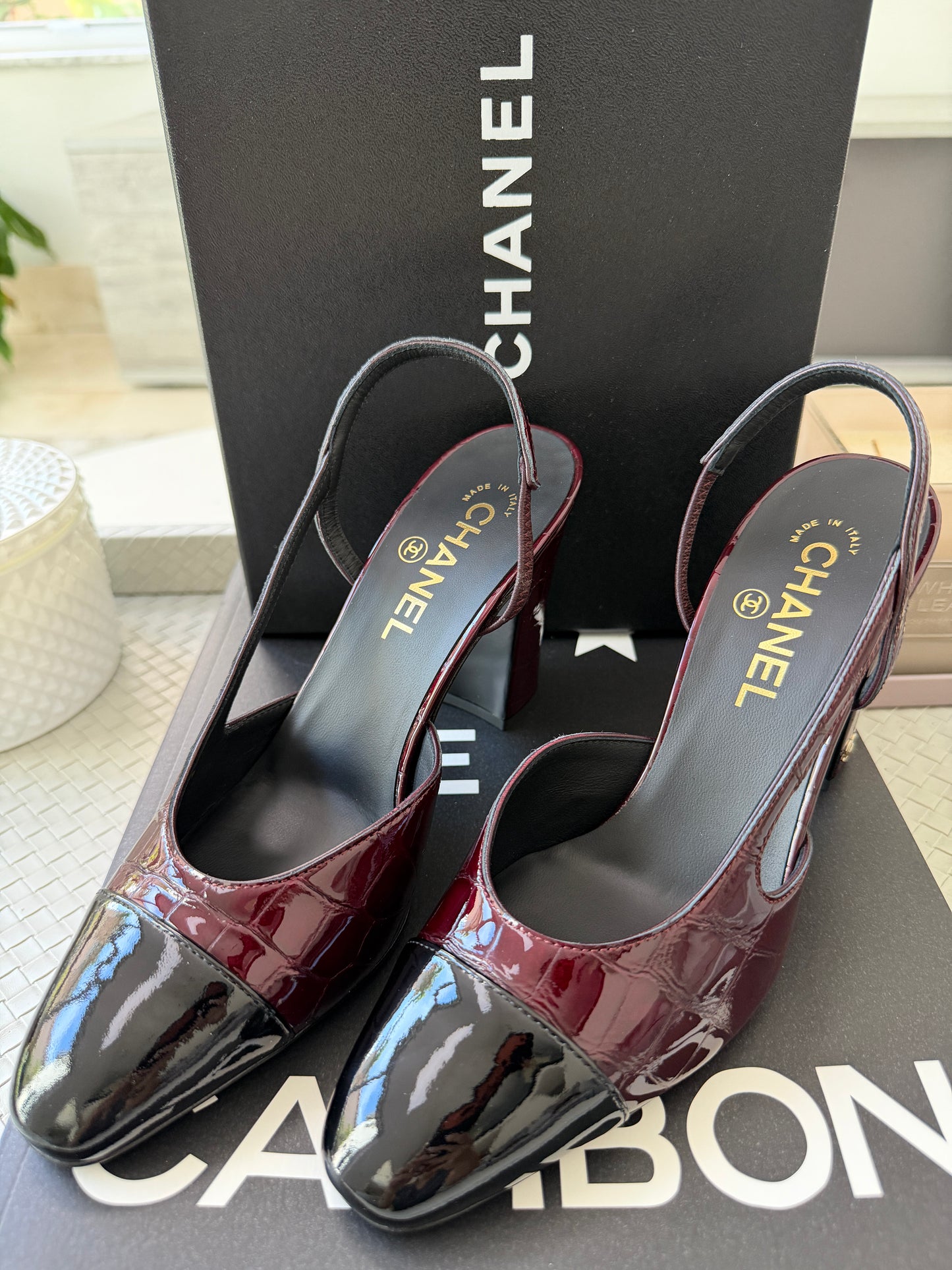 Chanel 26A Coco Sling Burgundy Bordeaux Fonce Croc Embossed Patent Leather Slingback Metiers Dart Pumps Heels