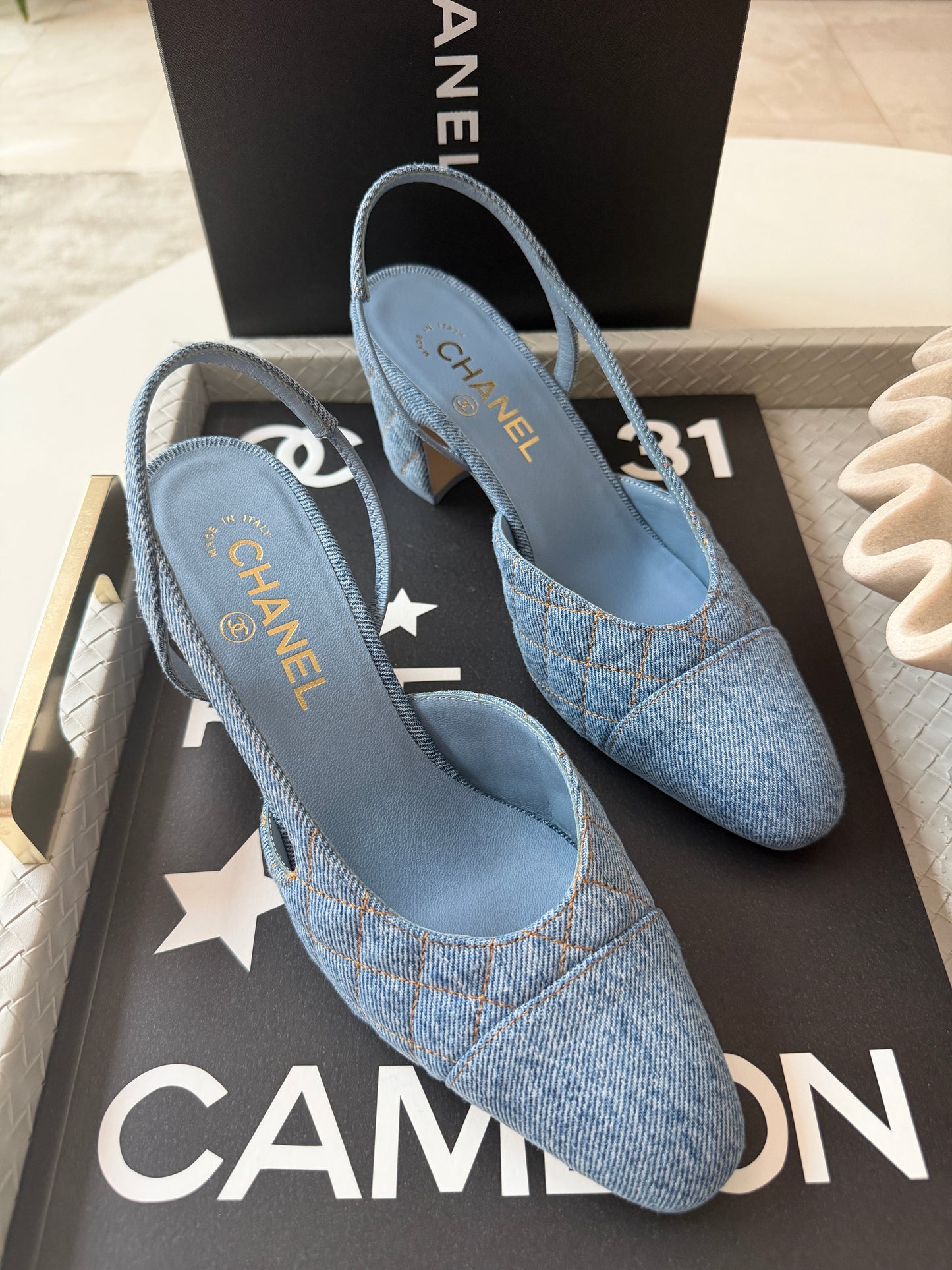 Chanel 26B CC Logo Light Blue Quilted Denim Jean Slingback Pumps Chunky Heel