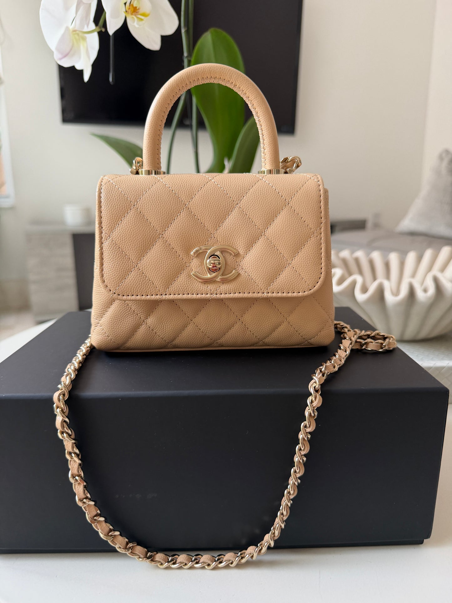 Chanel 24K AP4244 Micro Coco Handle Extra Mini Classic Flap Bag Beige Caviar Clutch with Chain Gold HW