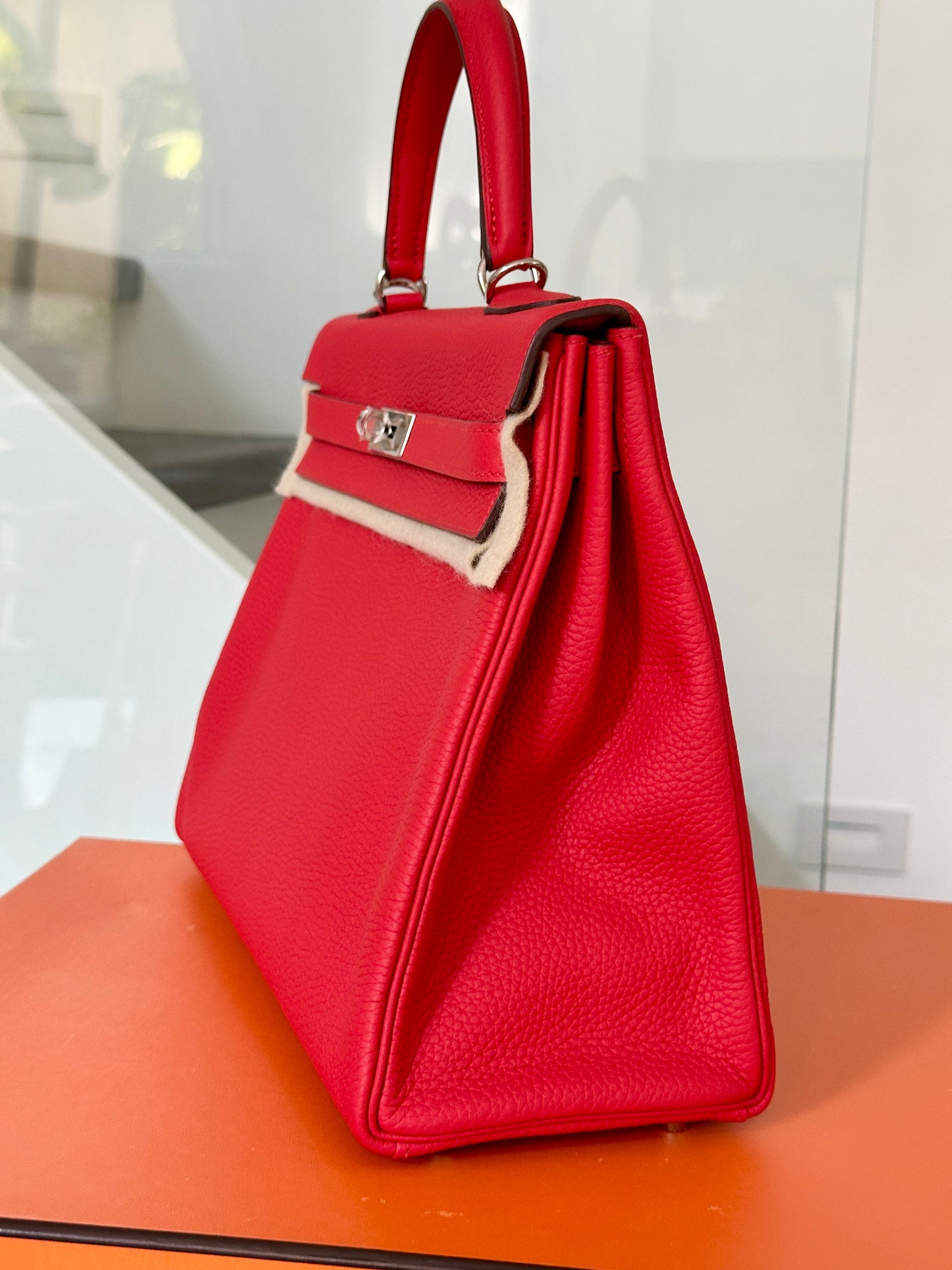 Hermes Kelly 35 Rouge Tomate Red Retourne Togo Leather Palladium Hardware PHW Bag Handbag