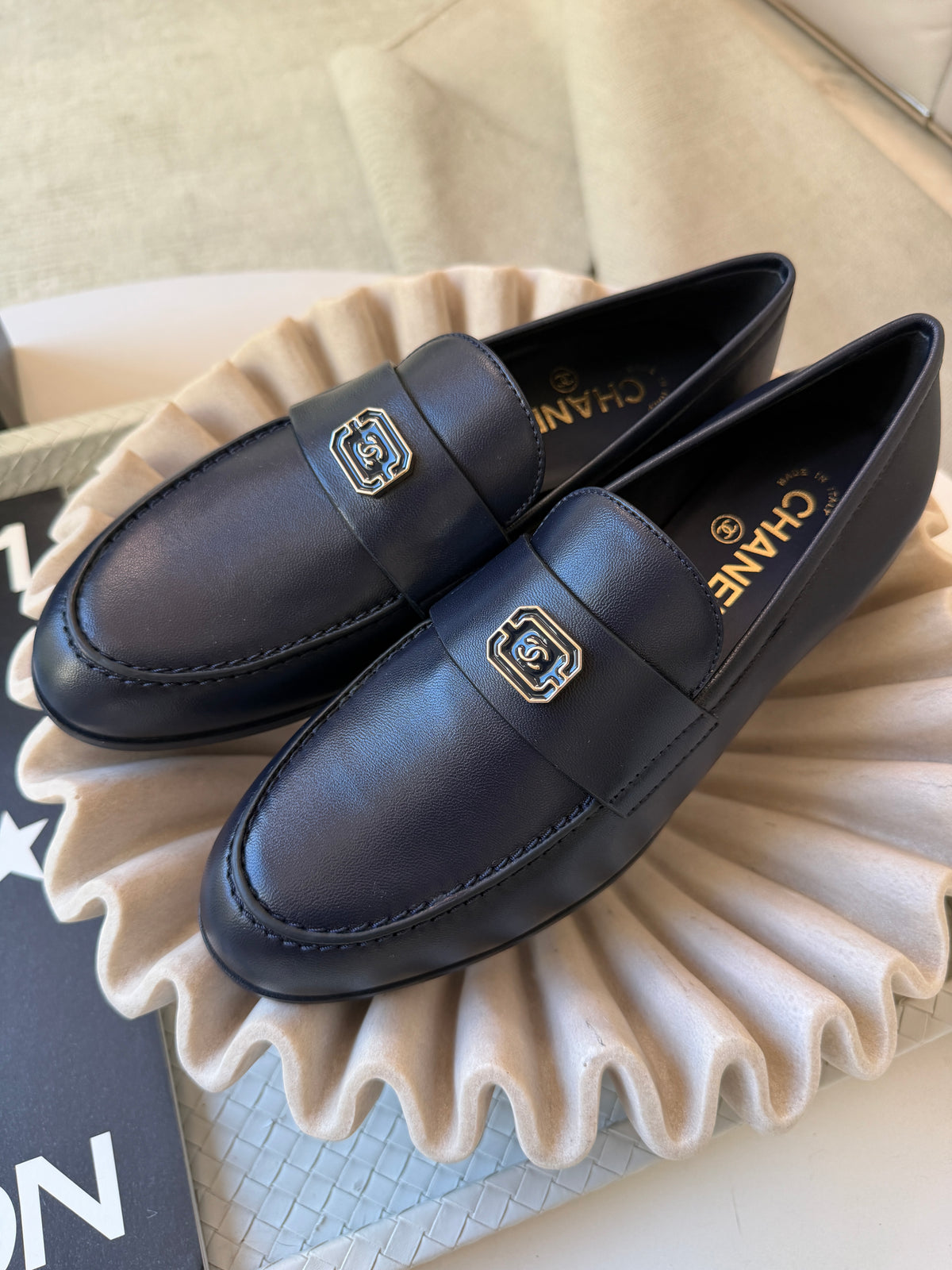 Chanel 2024 Classic Lambskin Leather Navy Blue Enamel CC Logo Moccasins Loafers Flats Shoes