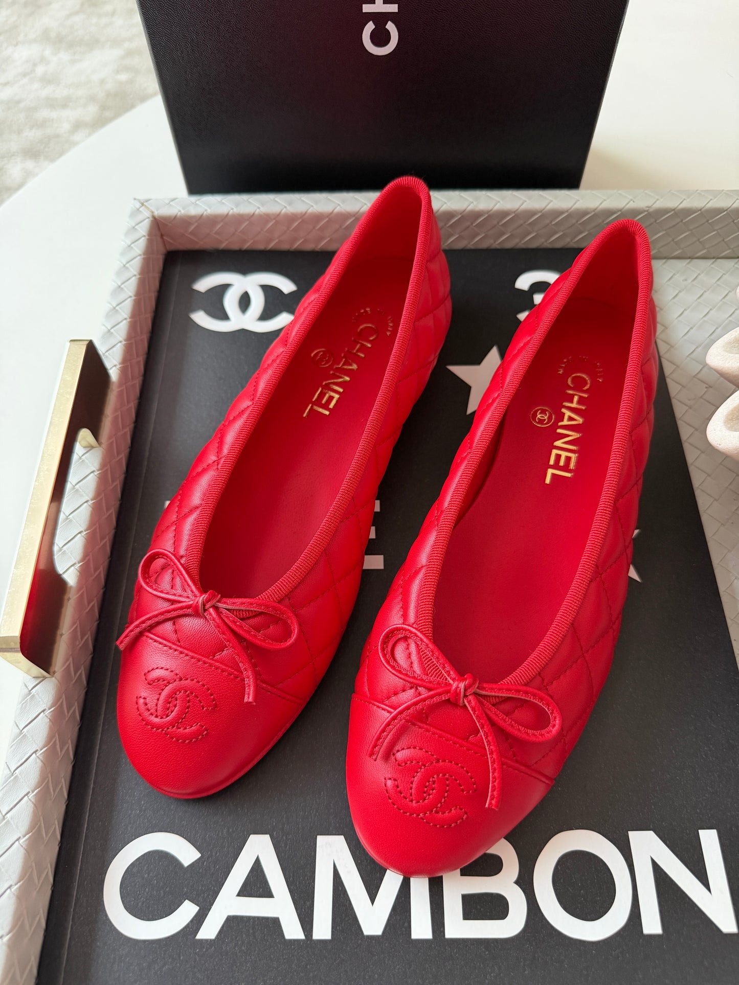 Chanel 26B Blazy Lambskin Leather Quilted Red Agneau Rouge CC Logo Ballet Ballerina Flats